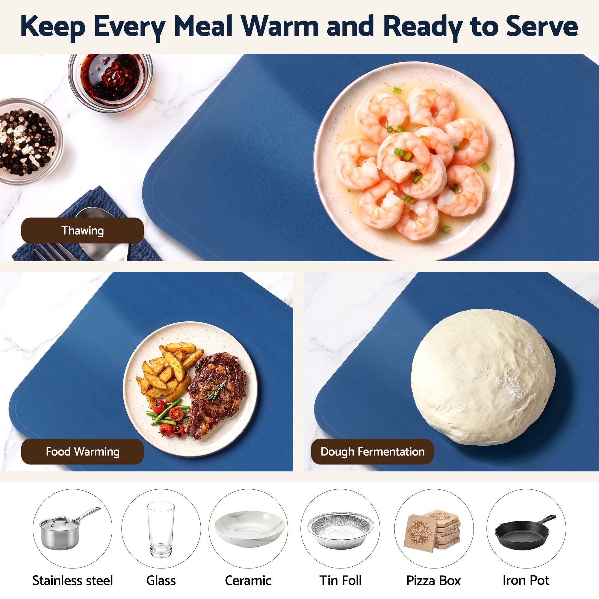 Devanti Food Warming Mat 80cm Electric Food Warmer Roll Up Buffet Tray Blue