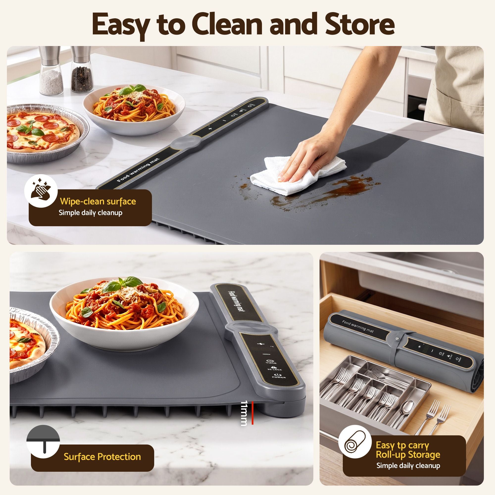Devanti Food Warming Mat 80cm Electric Food Warmer Roll Up Buffet Tray Grey