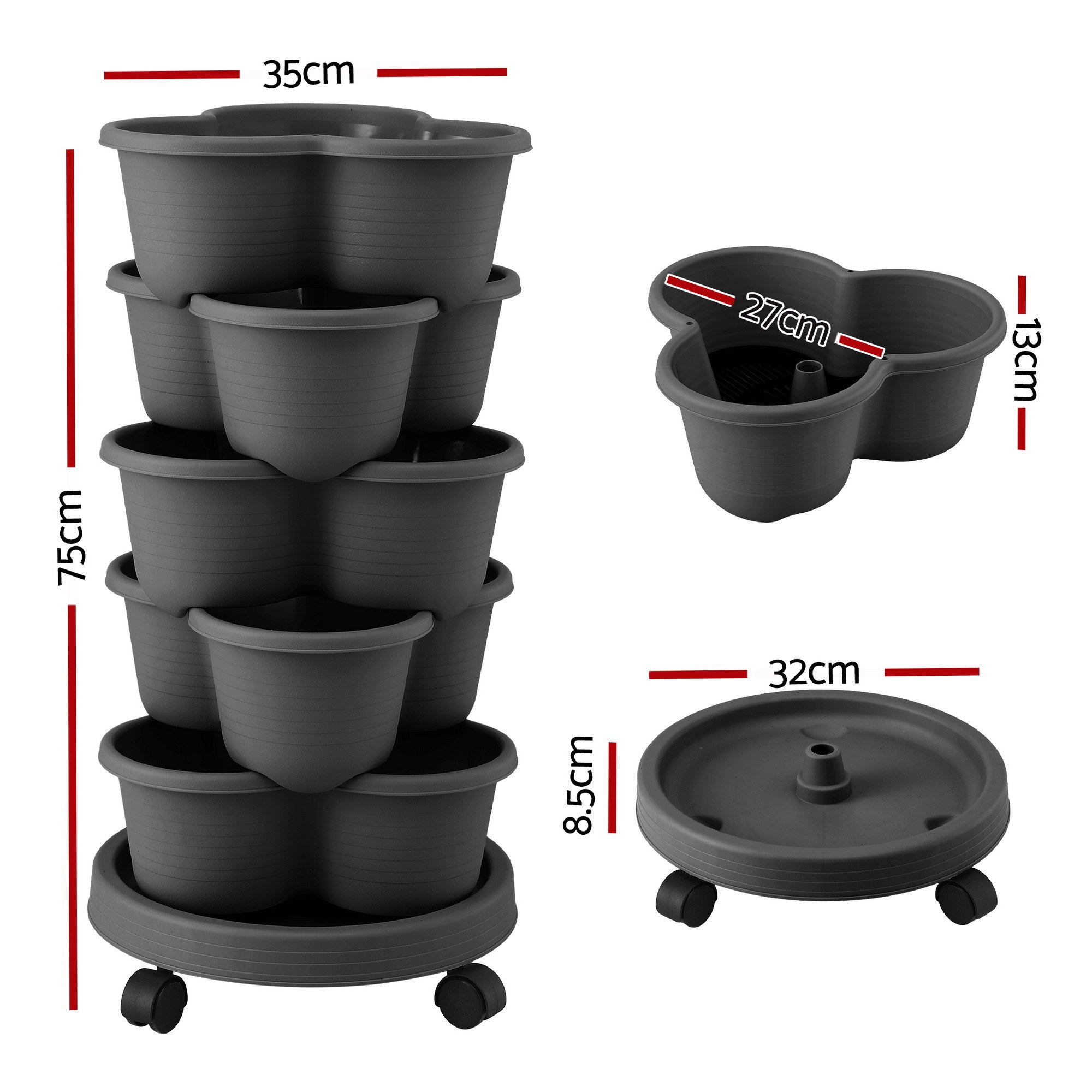 Garden Beds & Planters: Green Fingers 5 Tier Vertical Garden Planter, Stackable Planters with 4 Wheels, Black, Raised Garden Bed, Garden Tower Indoor Outdoor, Auto Drainage System, for Strawberries, Herbs, Flower, Vegetables