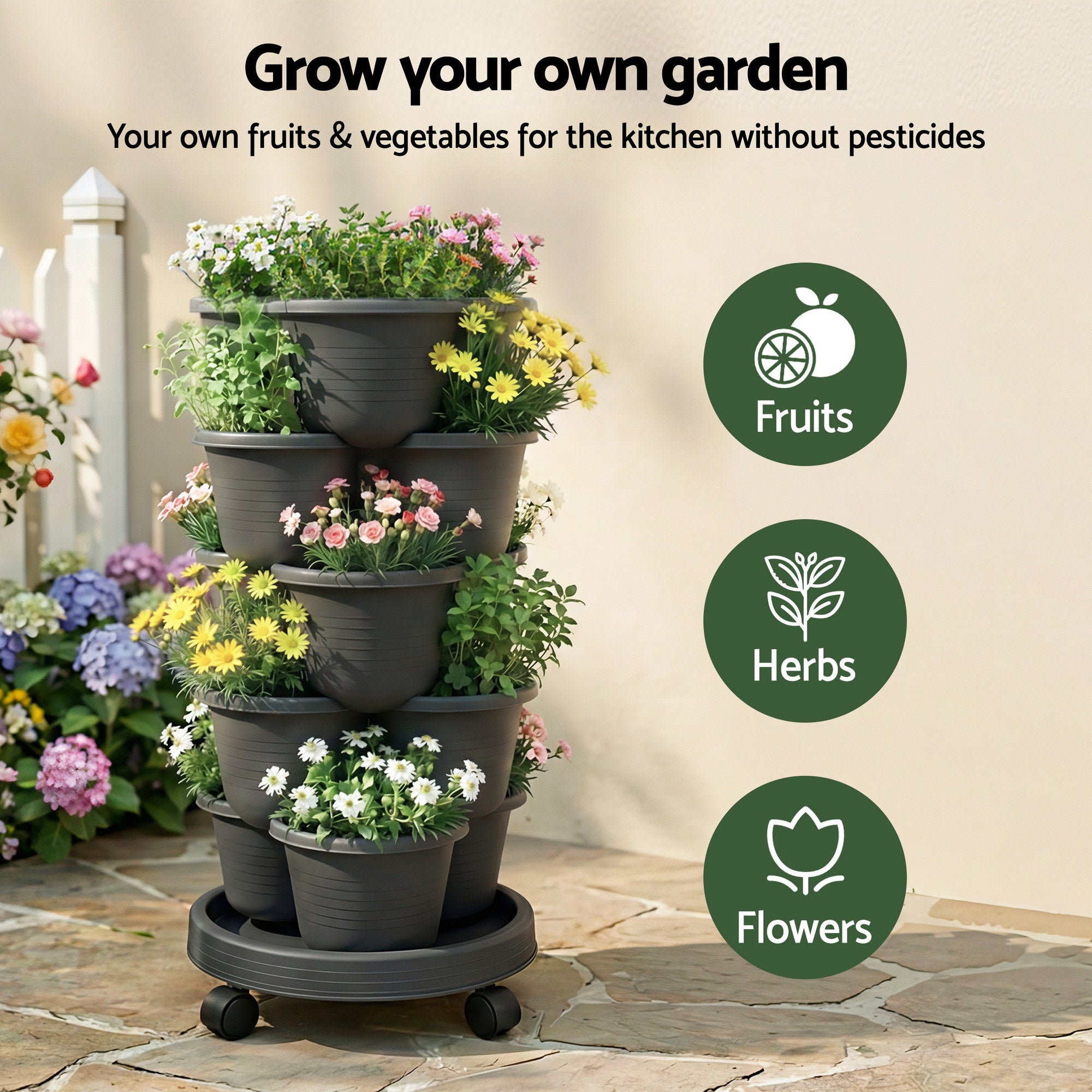 Garden Beds & Planters: Green Fingers 5 Tier Vertical Garden Planter, Stackable Planters with 4 Wheels, Black, Raised Garden Bed, Garden Tower Indoor Outdoor, Auto Drainage System, for Strawberries, Herbs, Flower, Vegetables