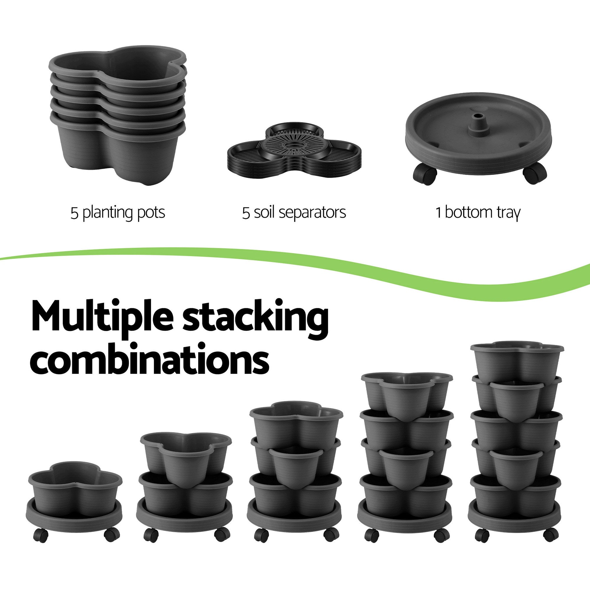 Garden Beds & Planters: Green Fingers 5 Tier Vertical Garden Planter, Stackable Planters with 4 Wheels, Black, Raised Garden Bed, Garden Tower Indoor Outdoor, Auto Drainage System, for Strawberries, Herbs, Flower, Vegetables