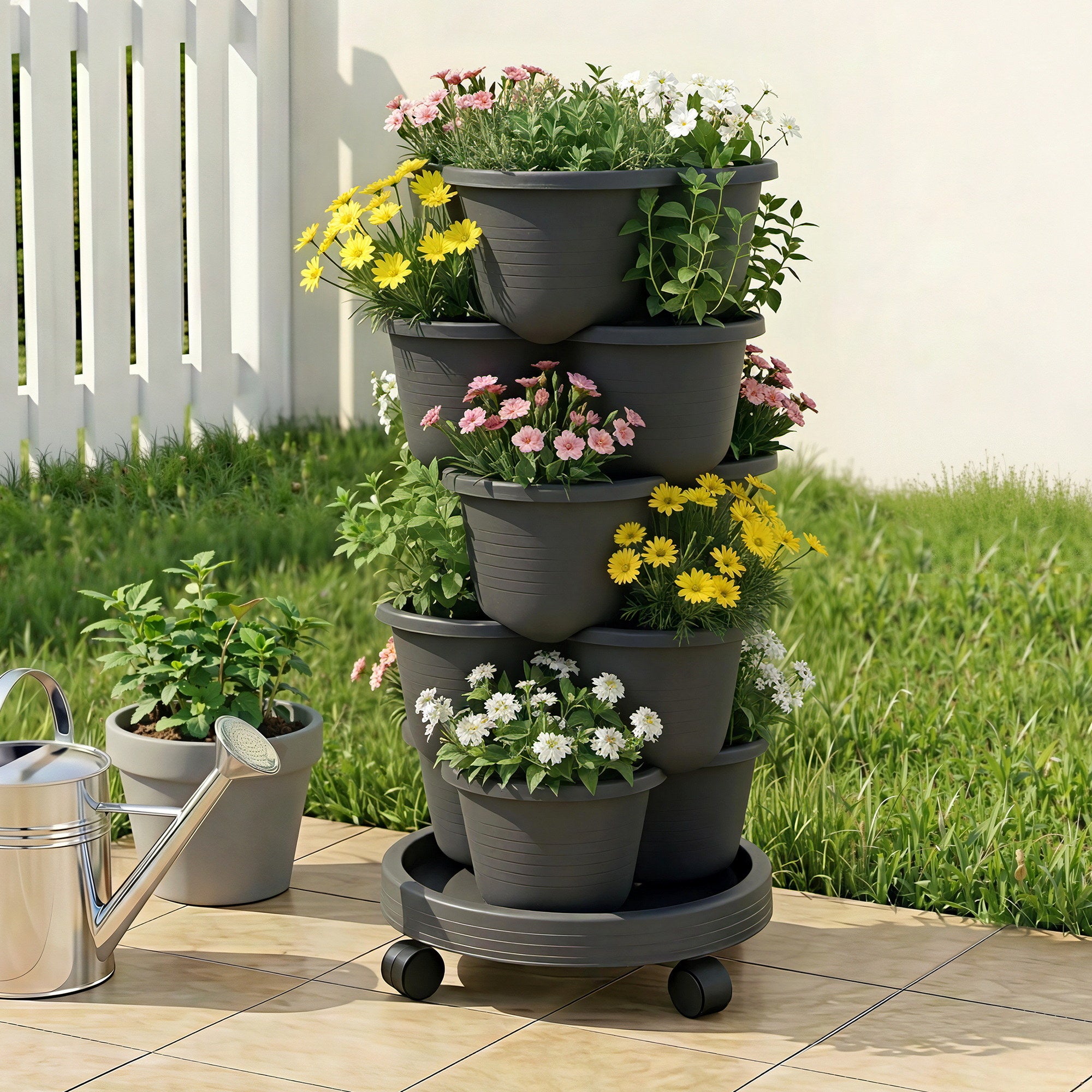 Garden Beds & Planters: Green Fingers 5 Tier Vertical Garden Planter, Stackable Planters with 4 Wheels, Black, Raised Garden Bed, Garden Tower Indoor Outdoor, Auto Drainage System, for Strawberries, Herbs, Flower, Vegetables