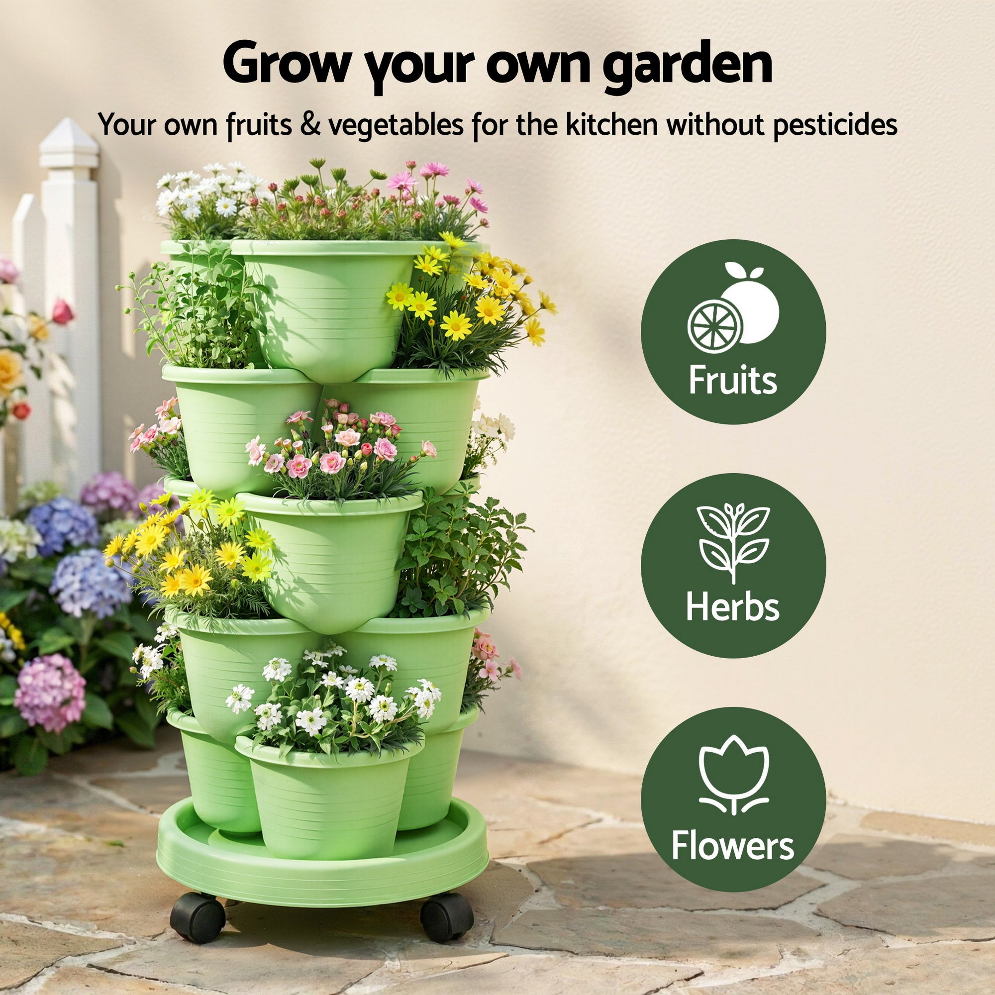 Garden Beds & Planters: Green Fingers 5 Tier Vertical Garden Planter, Stackable Planters with Wheels, Light Green, Garden Bed, Garden Tower Indoor Outdoor, Auto Drainage System, for Strawberries, Herbs, Flowers, Vegetables