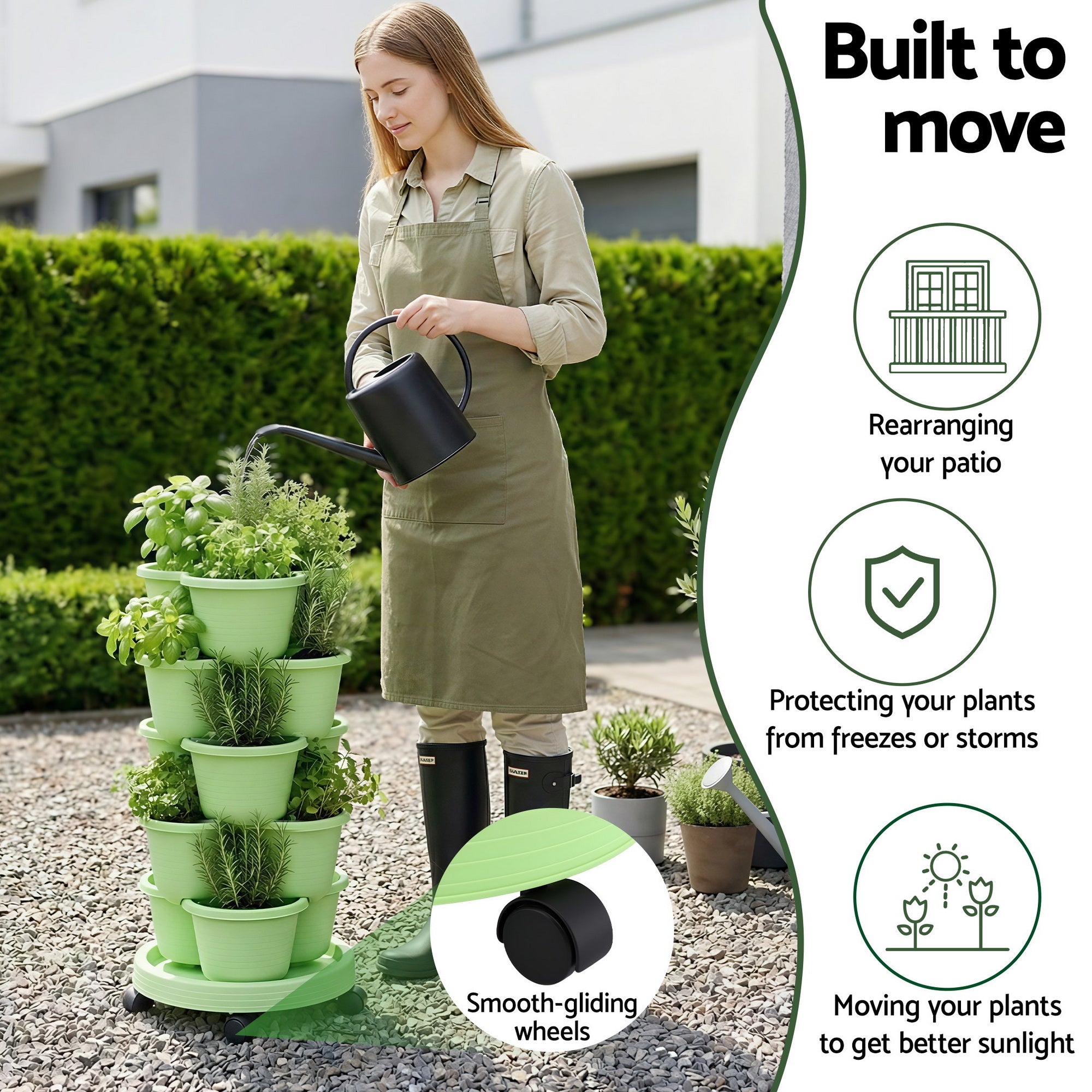 Garden Beds & Planters: Green Fingers 5 Tier Vertical Garden Planter, Stackable Planters with Wheels, Light Green, Garden Bed, Garden Tower Indoor Outdoor, Auto Drainage System, for Strawberries, Herbs, Flowers, Vegetables