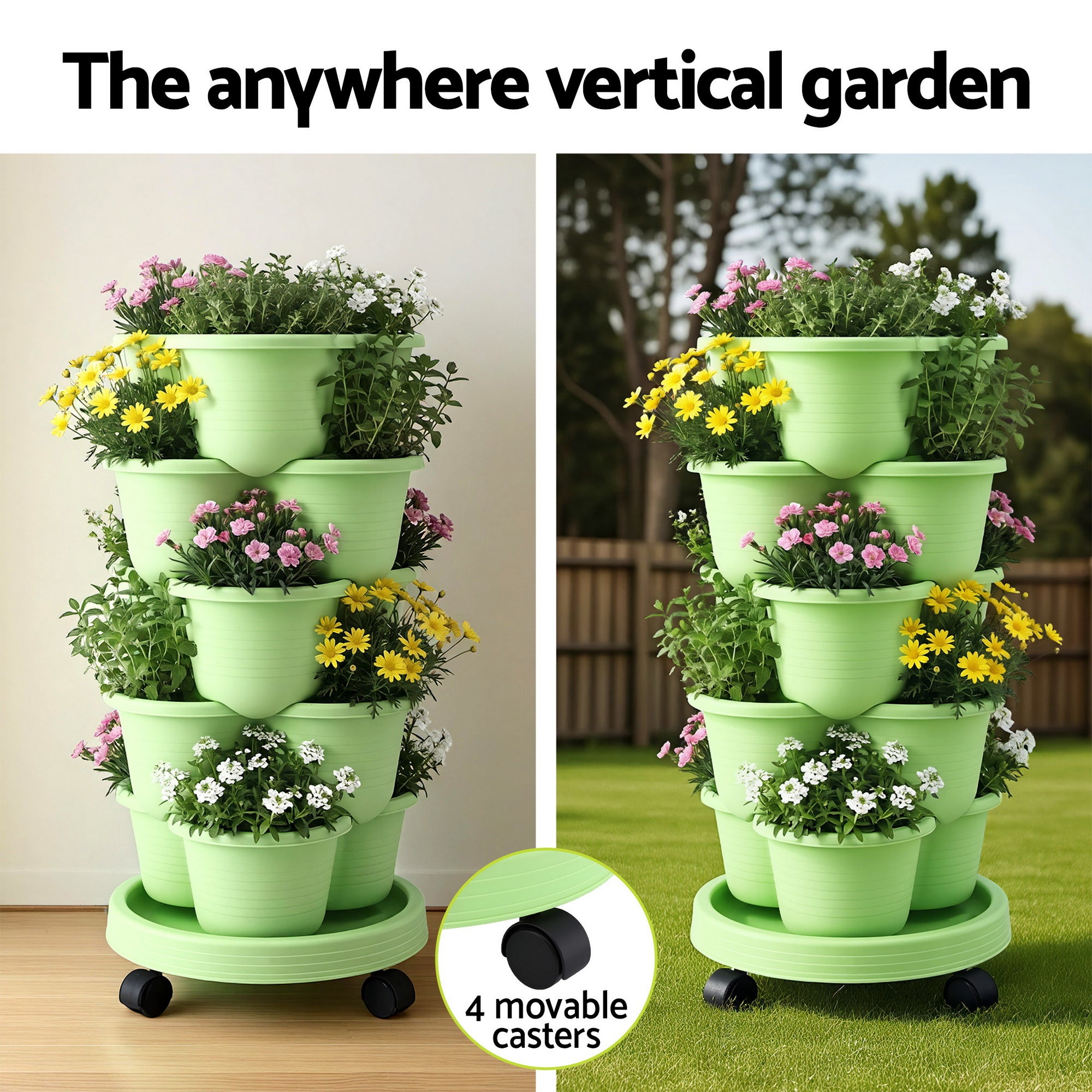 Garden Beds & Planters: Green Fingers 5 Tier Vertical Garden Planter, Stackable Planters with Wheels, Light Green, Garden Bed, Garden Tower Indoor Outdoor, Auto Drainage System, for Strawberries, Herbs, Flowers, Vegetables
