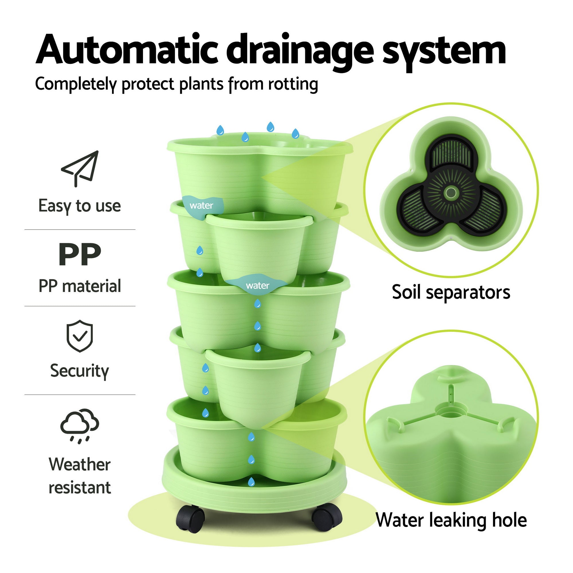 Garden Beds & Planters: Green Fingers 5 Tier Vertical Garden Planter, Stackable Planters with Wheels, Light Green, Garden Bed, Garden Tower Indoor Outdoor, Auto Drainage System, for Strawberries, Herbs, Flowers, Vegetables
