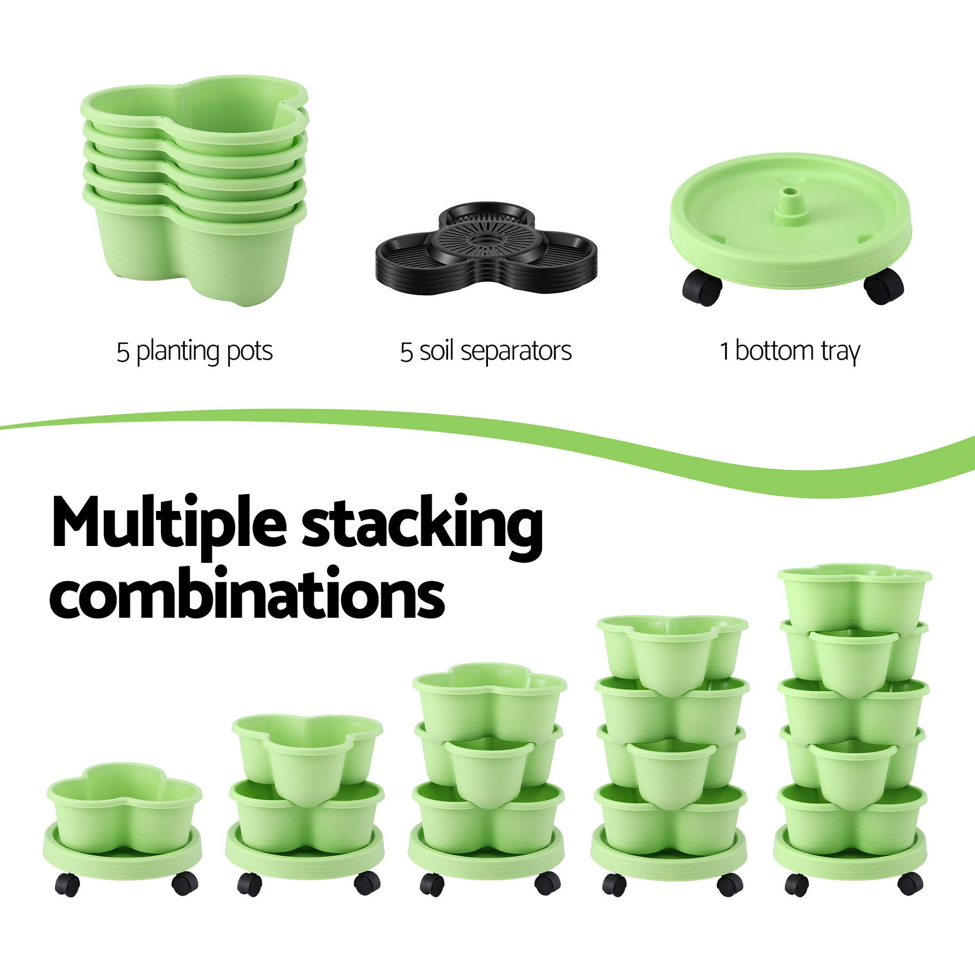 Garden Beds & Planters: Green Fingers 5 Tier Vertical Garden Planter, Stackable Planters with Wheels, Light Green, Garden Bed, Garden Tower Indoor Outdoor, Auto Drainage System, for Strawberries, Herbs, Flowers, Vegetables