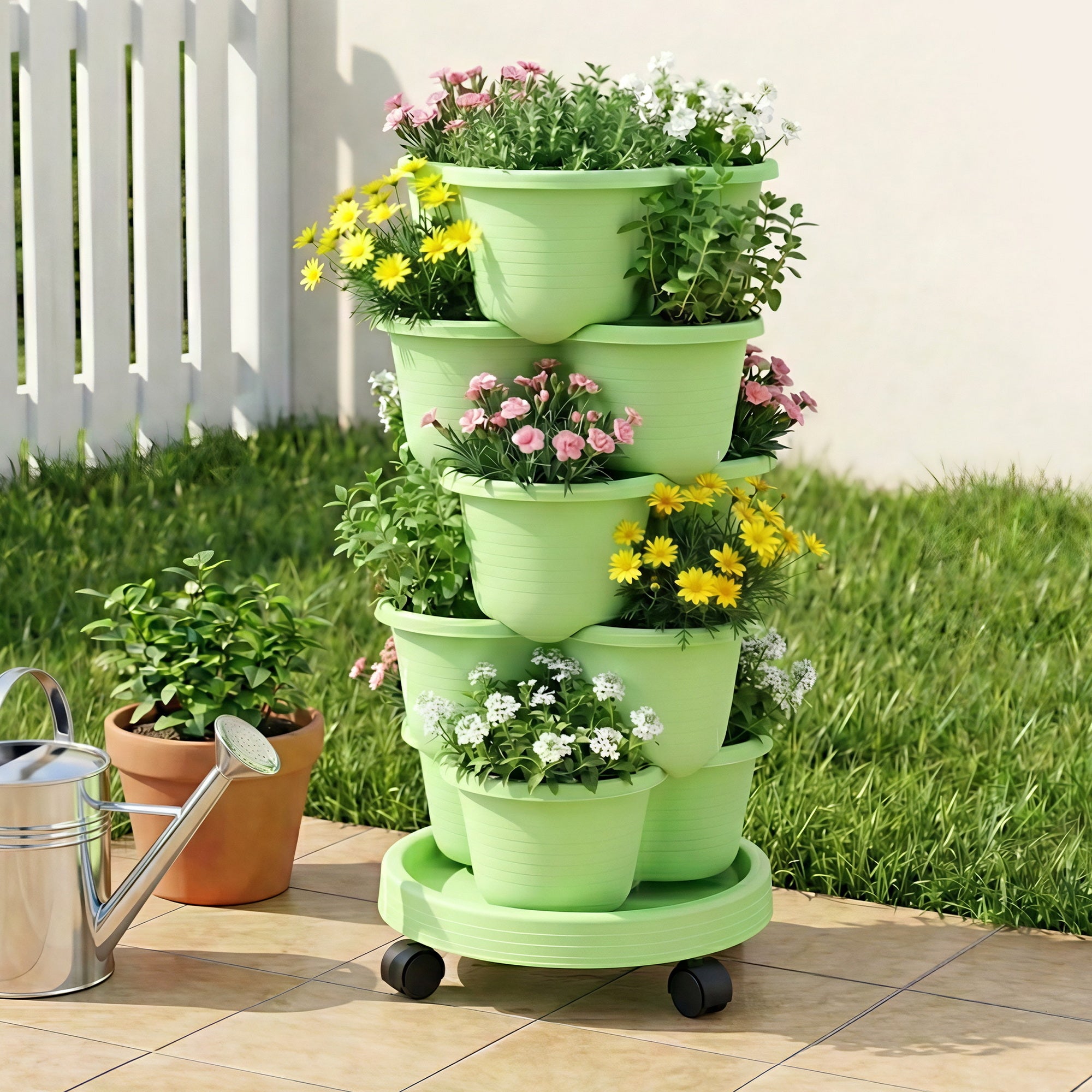 Garden Beds & Planters: Green Fingers 5 Tier Vertical Garden Planter, Stackable Planters with Wheels, Light Green, Garden Bed, Garden Tower Indoor Outdoor, Auto Drainage System, for Strawberries, Herbs, Flowers, Vegetables