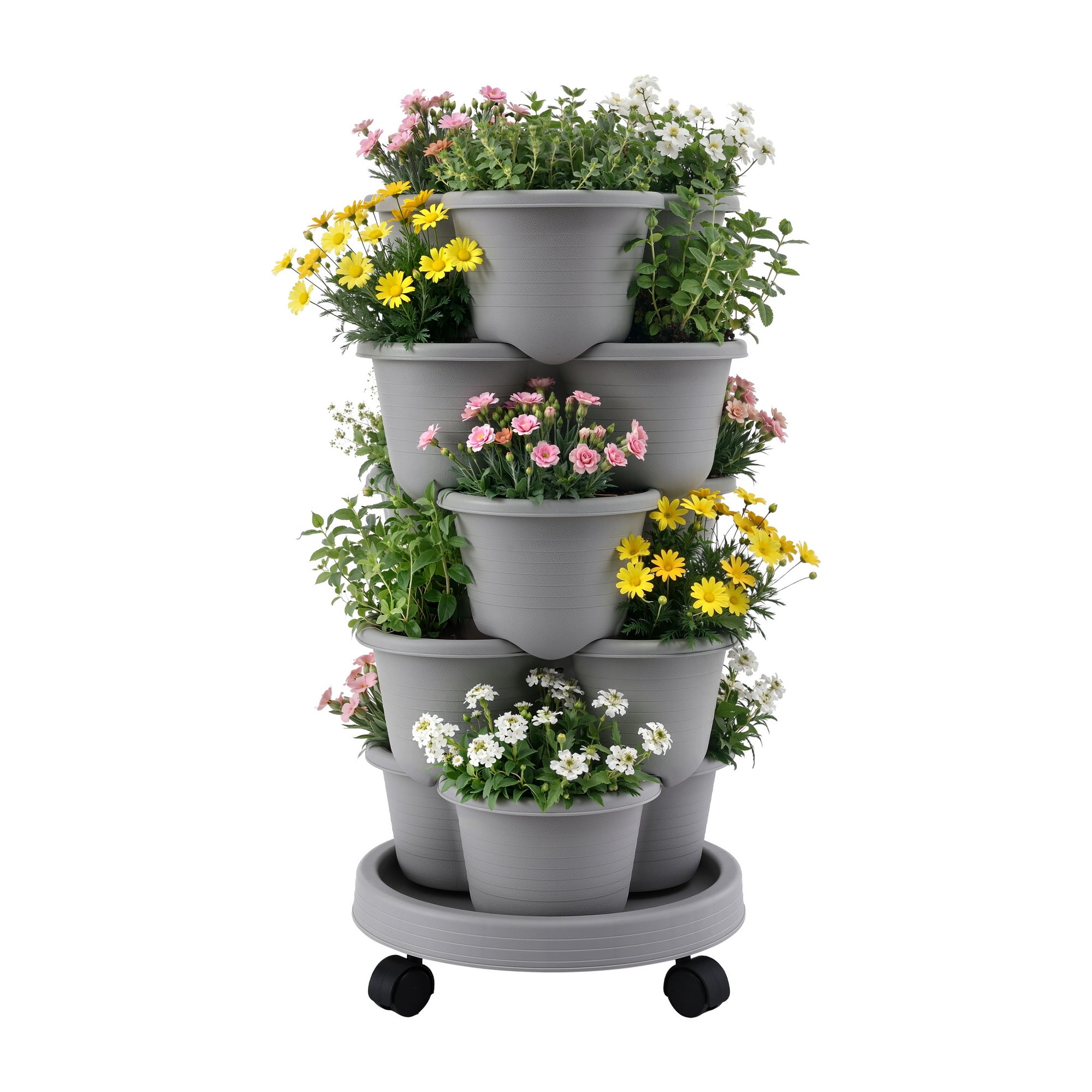 Garden Beds & Planters: Green Fingers 5 Tier Vertical Garden Planter, Stackable Planters with 4 Wheels, Grey, Raised Garden Bed, Garden Tower Indoor Outdoor, Auto Drainage System, for Strawberries, Herbs, Flower, Vegetables