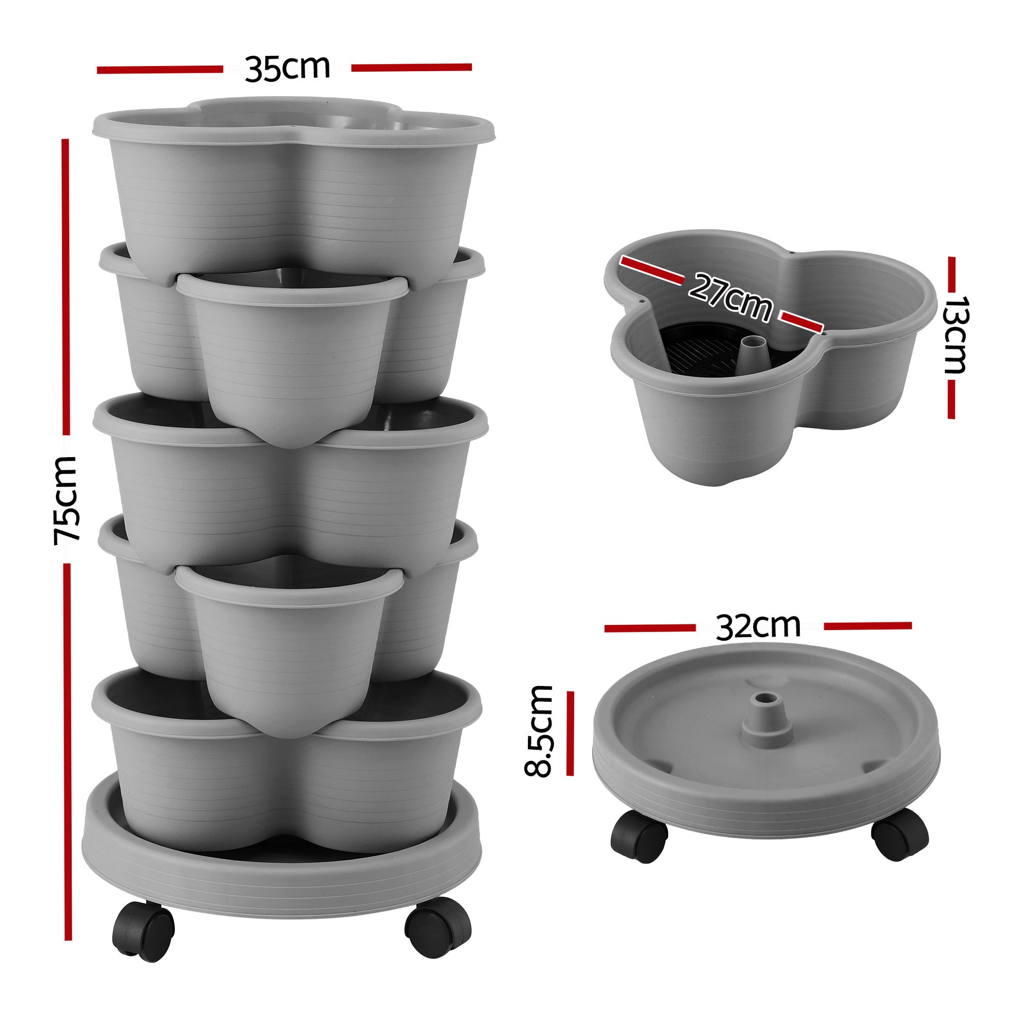 Garden Beds & Planters: Green Fingers 5 Tier Vertical Garden Planter, Stackable Planters with 4 Wheels, Grey, Raised Garden Bed, Garden Tower Indoor Outdoor, Auto Drainage System, for Strawberries, Herbs, Flower, Vegetables