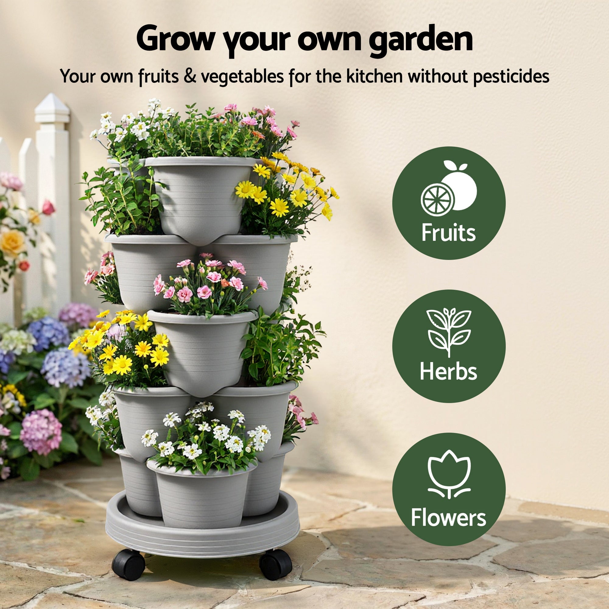 Garden Beds & Planters: Green Fingers 5 Tier Vertical Garden Planter, Stackable Planters with 4 Wheels, Grey, Raised Garden Bed, Garden Tower Indoor Outdoor, Auto Drainage System, for Strawberries, Herbs, Flower, Vegetables
