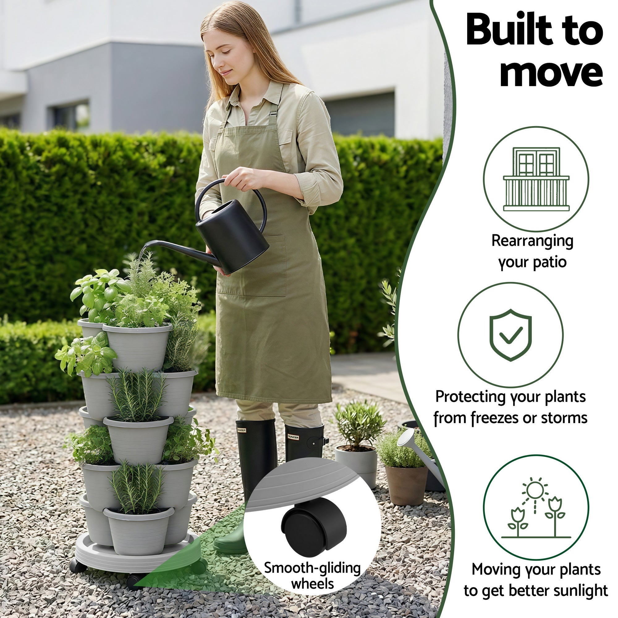 Garden Beds & Planters: Green Fingers 5 Tier Vertical Garden Planter, Stackable Planters with 4 Wheels, Grey, Raised Garden Bed, Garden Tower Indoor Outdoor, Auto Drainage System, for Strawberries, Herbs, Flower, Vegetables