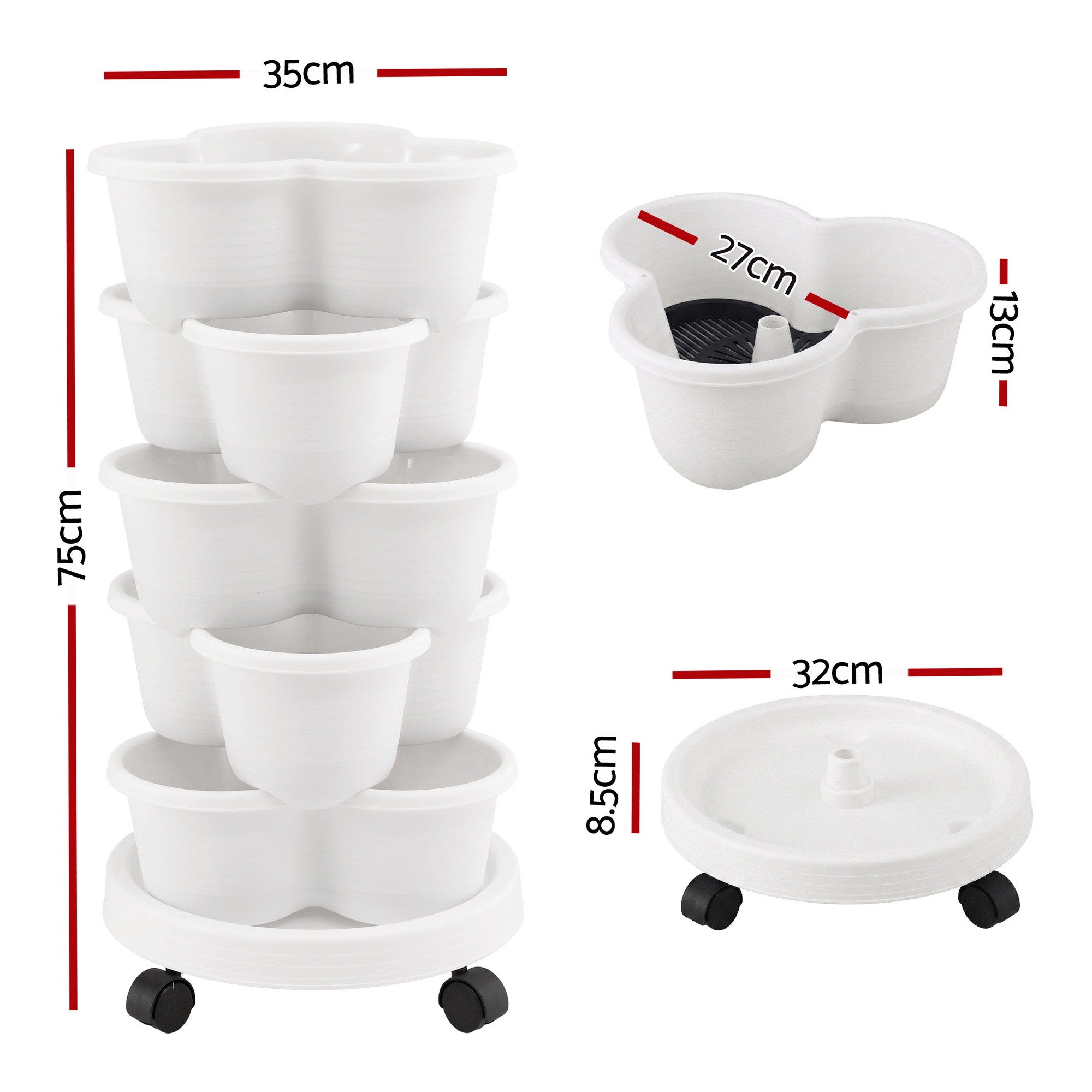 Garden Beds & Planters: Green Fingers 5 Tier Vertical Garden Planter, Stackable Planters with Wheels, White, Garden Bed, Garden Tower Indoor Outdoor, Auto Drainage System, for Strawberries, Herbs, Flowers, Vegetables