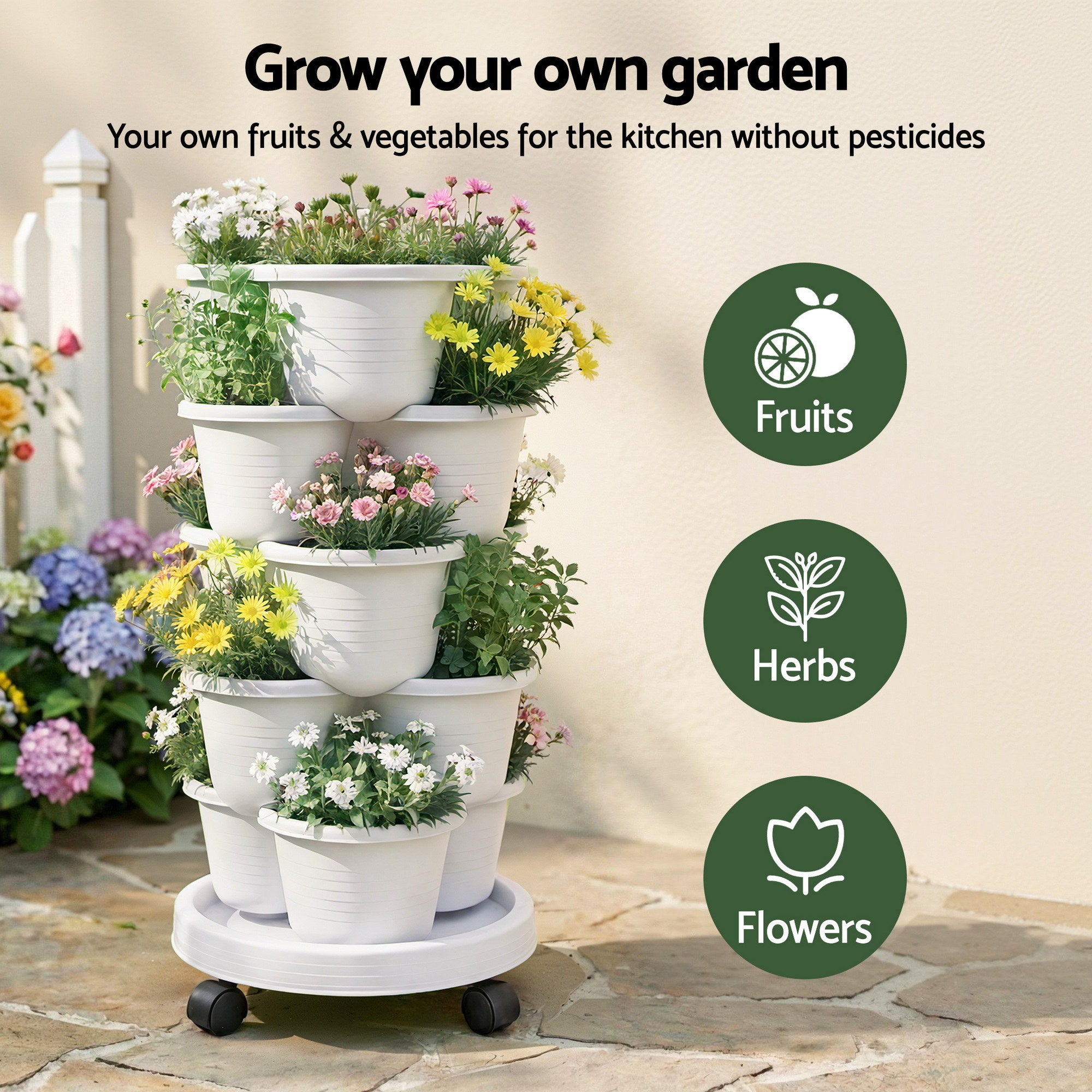 Garden Beds & Planters: Green Fingers 5 Tier Vertical Garden Planter, Stackable Planters with Wheels, White, Garden Bed, Garden Tower Indoor Outdoor, Auto Drainage System, for Strawberries, Herbs, Flowers, Vegetables