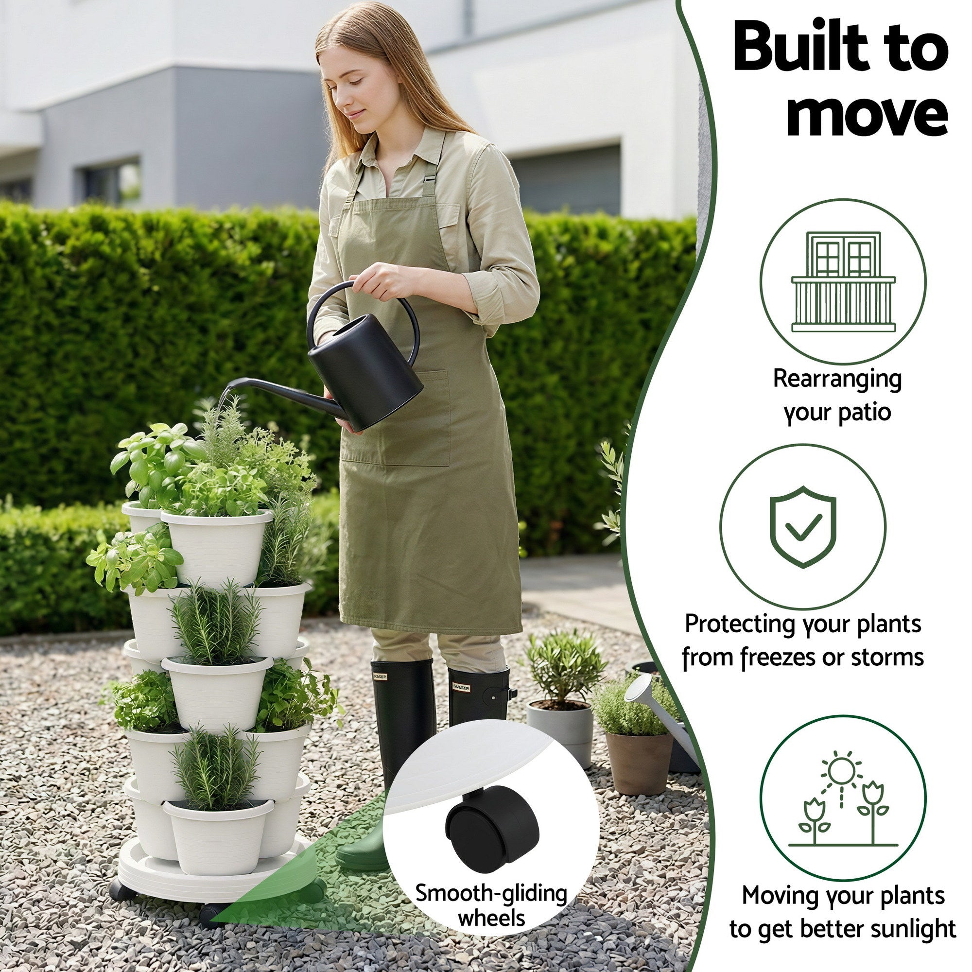 Garden Beds & Planters: Green Fingers 5 Tier Vertical Garden Planter, Stackable Planters with Wheels, White, Garden Bed, Garden Tower Indoor Outdoor, Auto Drainage System, for Strawberries, Herbs, Flowers, Vegetables