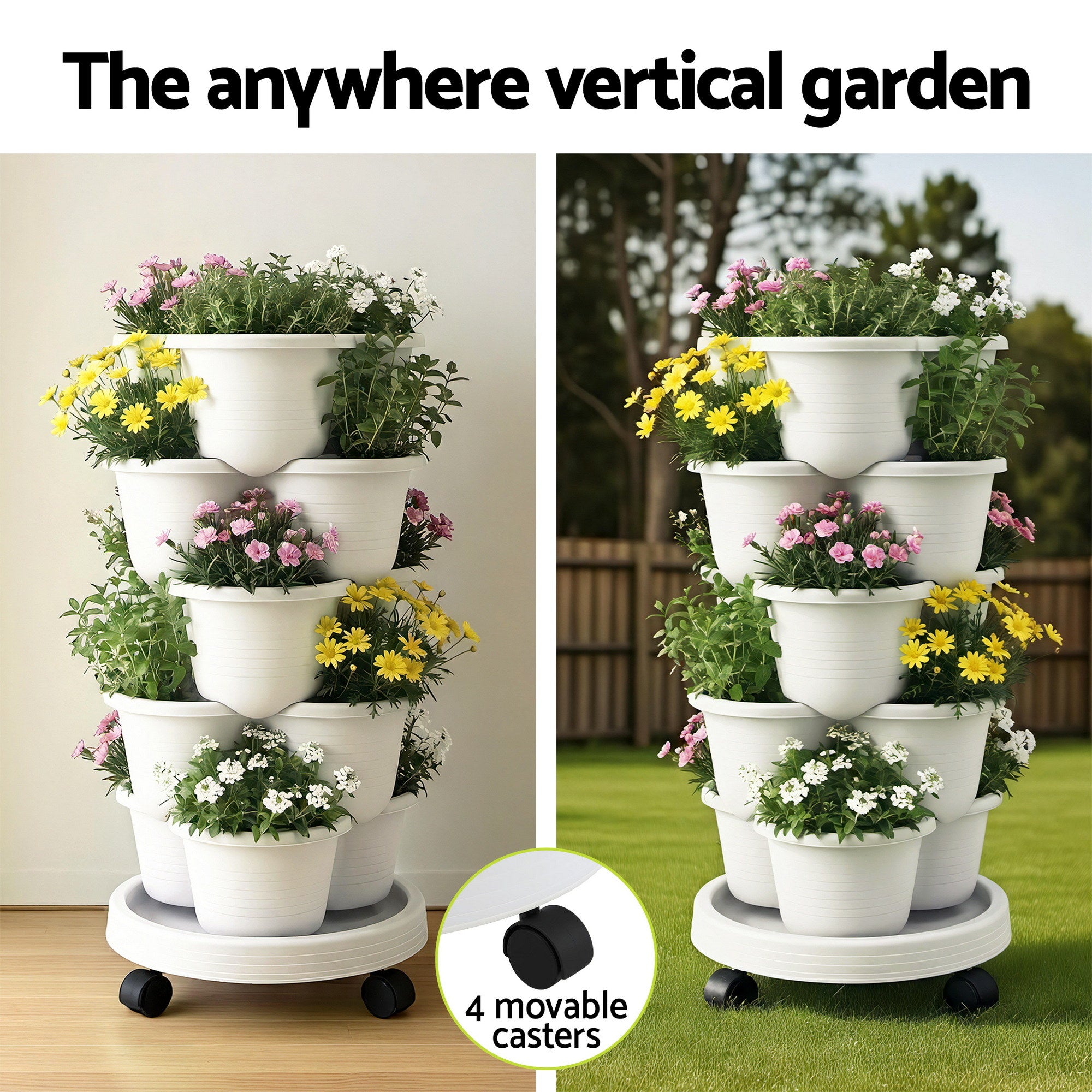 Garden Beds & Planters: Green Fingers 5 Tier Vertical Garden Planter, Stackable Planters with Wheels, White, Garden Bed, Garden Tower Indoor Outdoor, Auto Drainage System, for Strawberries, Herbs, Flowers, Vegetables