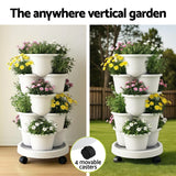 Garden Beds & Planters: Green Fingers 5 Tier Vertical Garden Planter, Stackable Planters with Wheels, White, Garden Bed, Garden Tower Indoor Outdoor, Auto Drainage System, for Strawberries, Herbs, Flowers, Vegetables