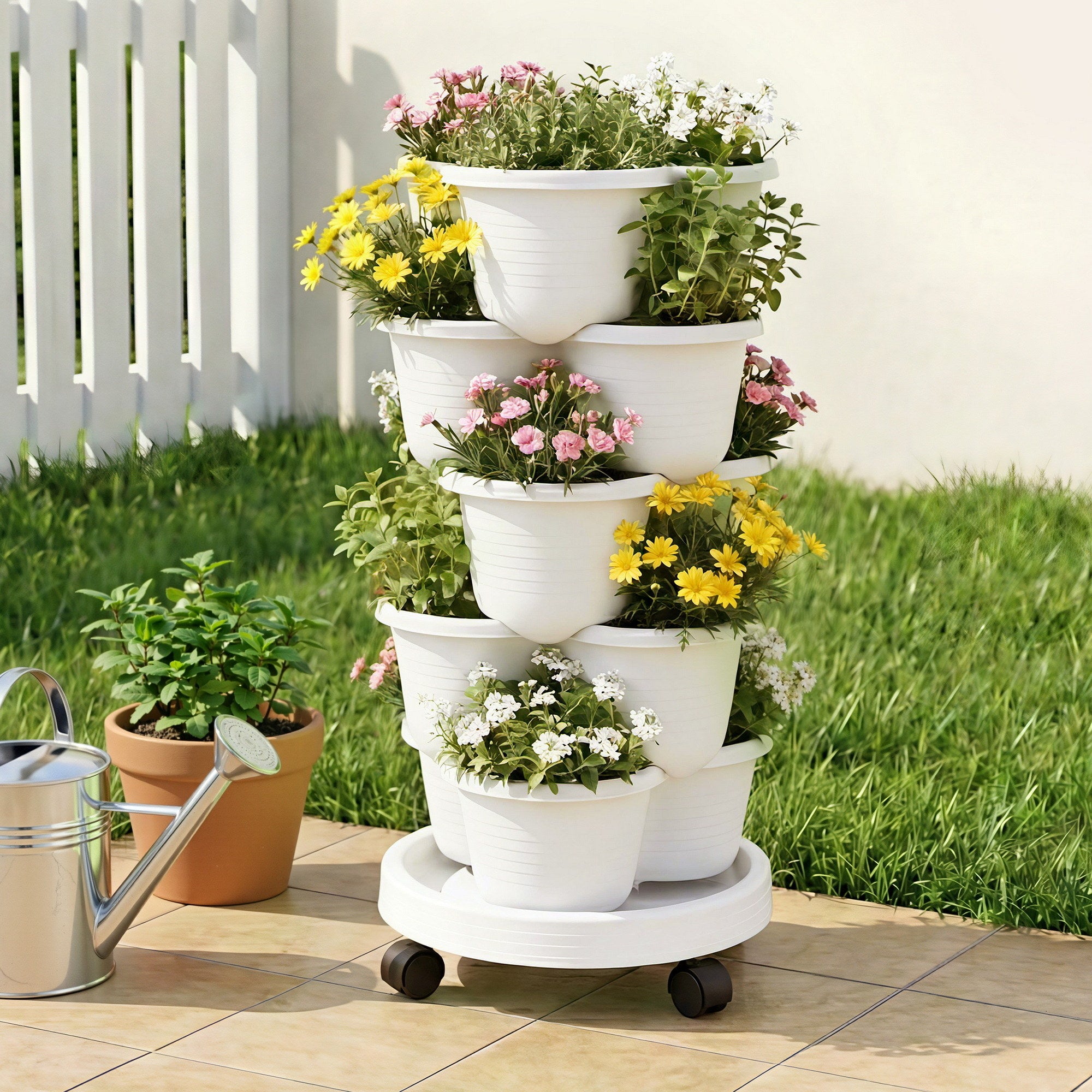 Garden Beds & Planters: Green Fingers 5 Tier Vertical Garden Planter, Stackable Planters with Wheels, White, Garden Bed, Garden Tower Indoor Outdoor, Auto Drainage System, for Strawberries, Herbs, Flowers, Vegetables