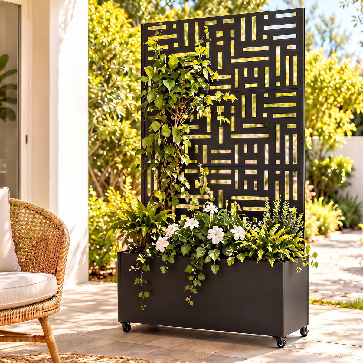 Green Fingers Mobile Planter Box Garden Bed with Trellis Privacy Screen & Lockable Wheels for Climbing Plants