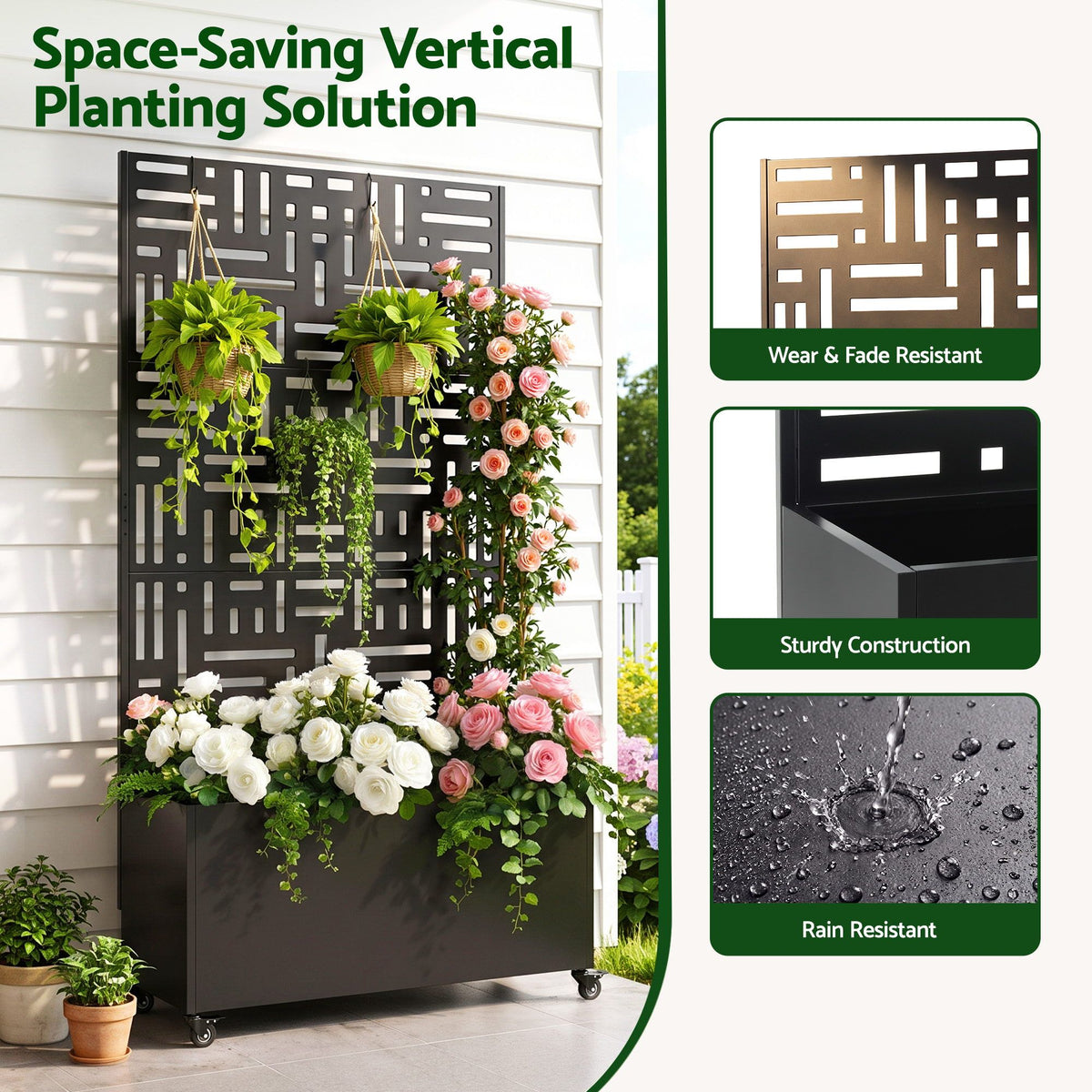 Green Fingers Mobile Planter Box Garden Bed with Trellis Privacy Screen & Lockable Wheels for Climbing Plants