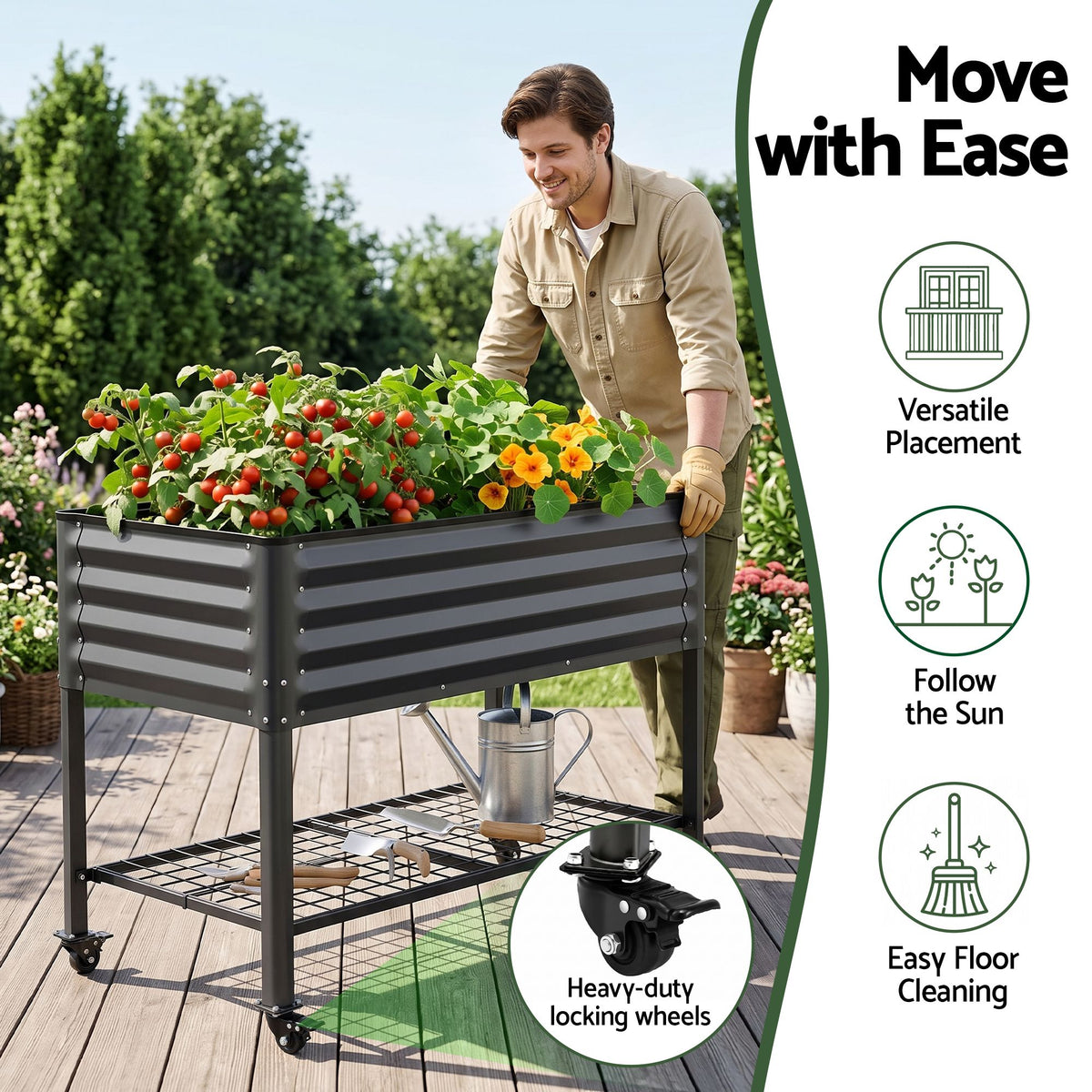Green Fingers Mobile Raised Garden Bed With Wheels Storage Shelf 81cm Height for Vegetables Herb Charcoal