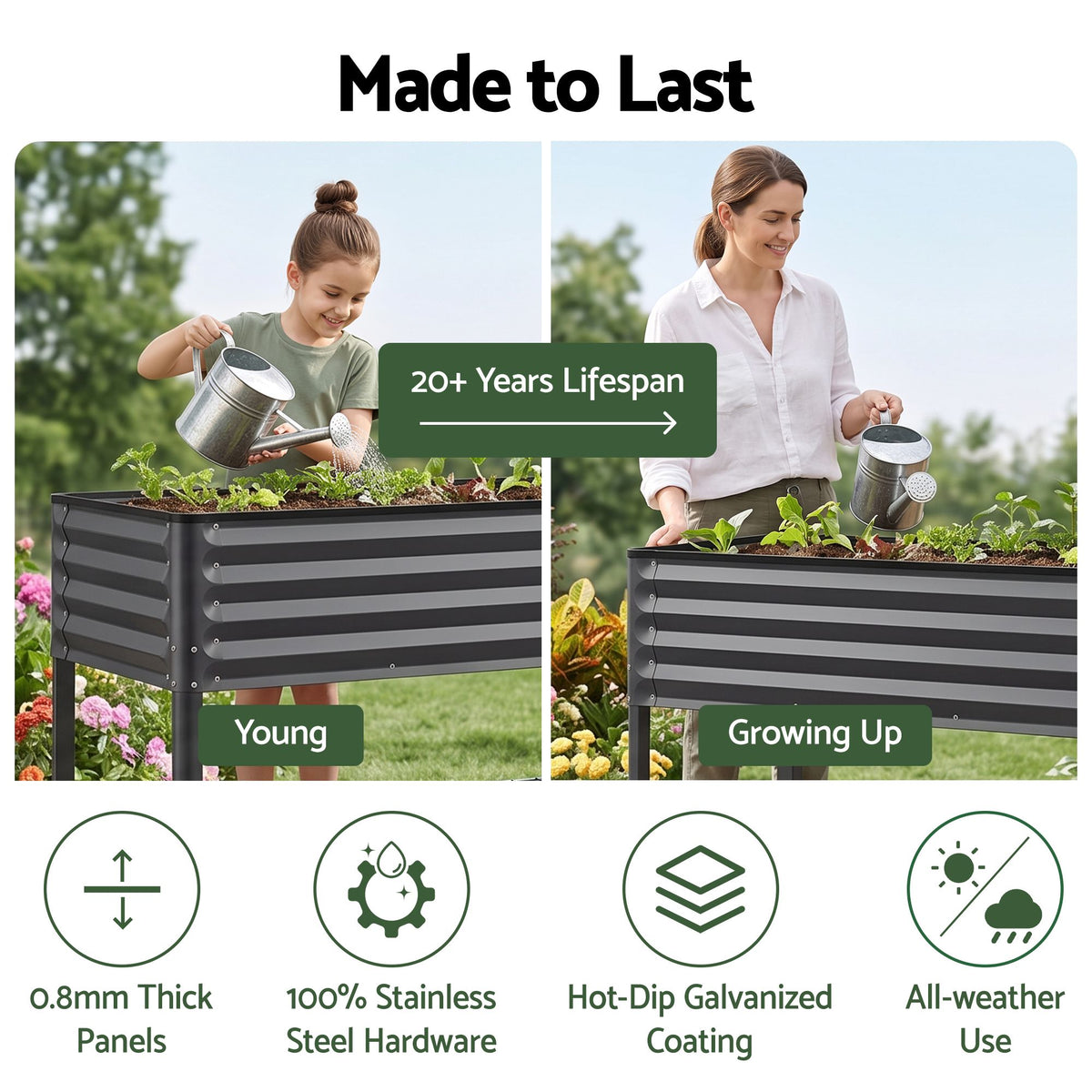 Green Fingers Mobile Raised Garden Bed With Wheels Storage Shelf 81cm Height for Vegetables Herb Charcoal