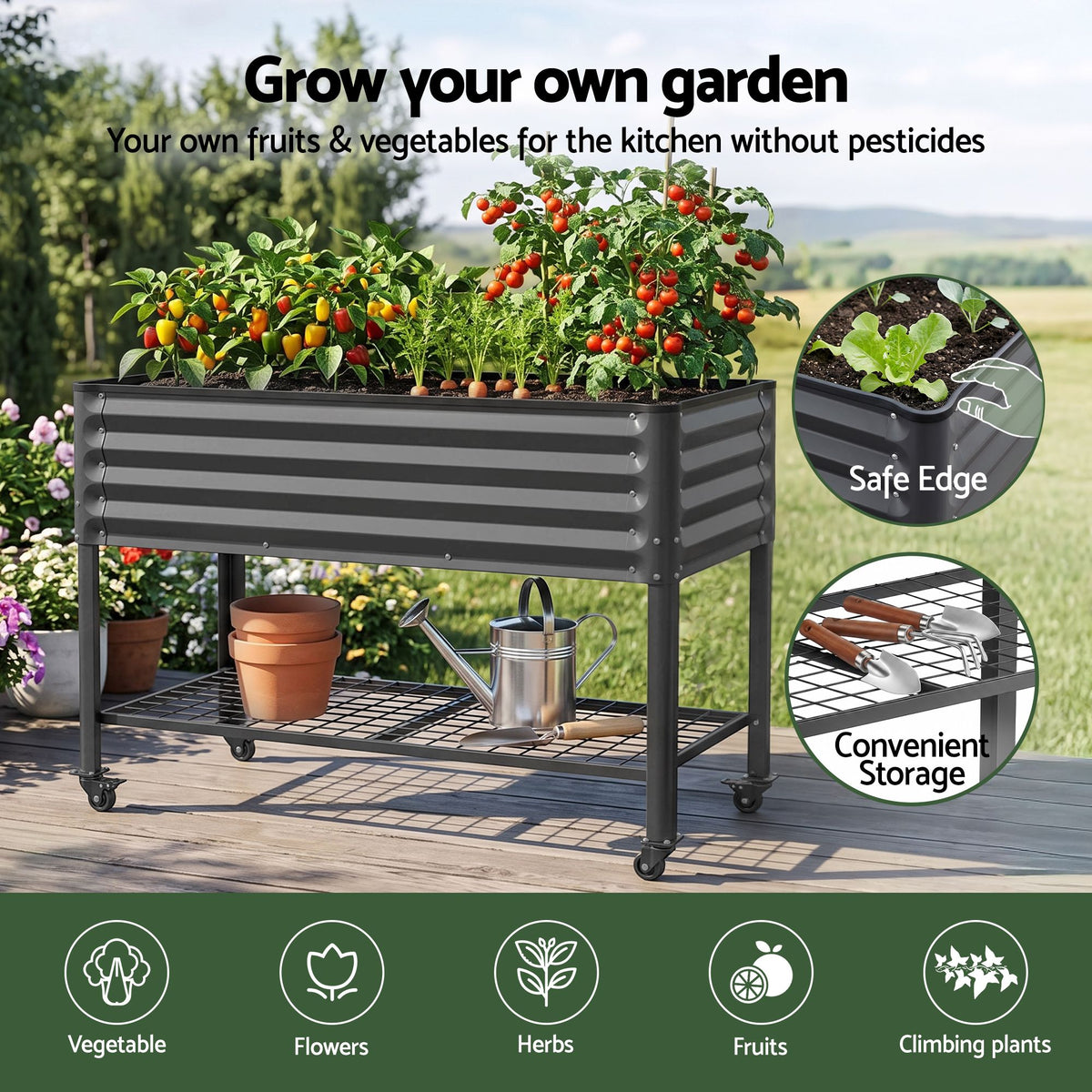 Green Fingers Mobile Raised Garden Bed With Wheels Storage Shelf 81cm Height for Vegetables Herb Charcoal
