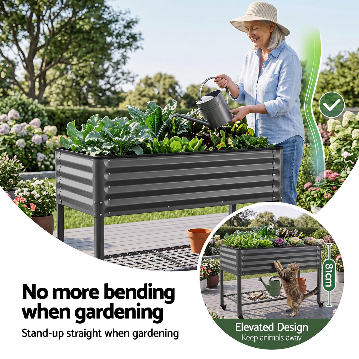 Green Fingers Mobile Raised Garden Bed With Wheels Storage Shelf 81cm Height for Vegetables Herb Charcoal