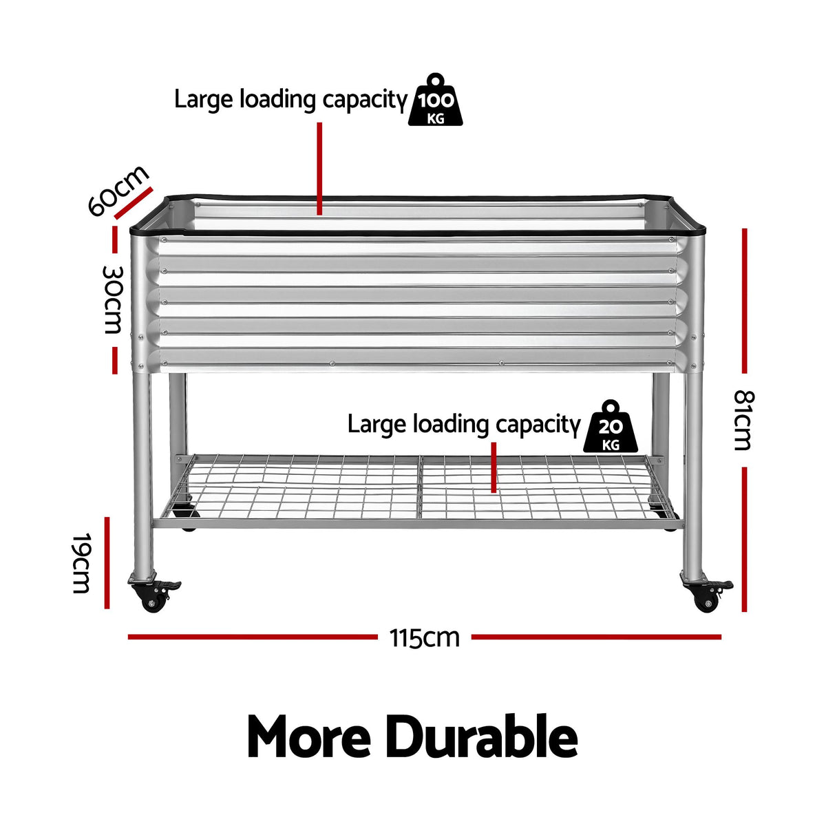 Green Fingers Mobile Raised Garden Bed with Wheels Storage Shelf 81cm Height for Vegetables Herb Silver