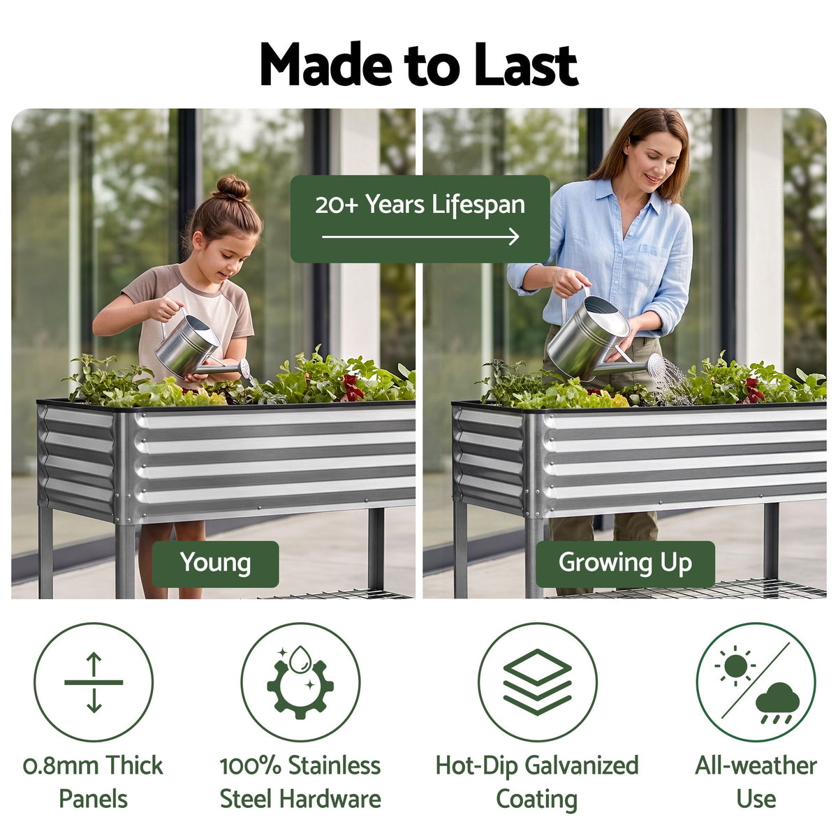 Green Fingers Mobile Raised Garden Bed with Wheels Storage Shelf 81cm Height for Vegetables Herb Silver