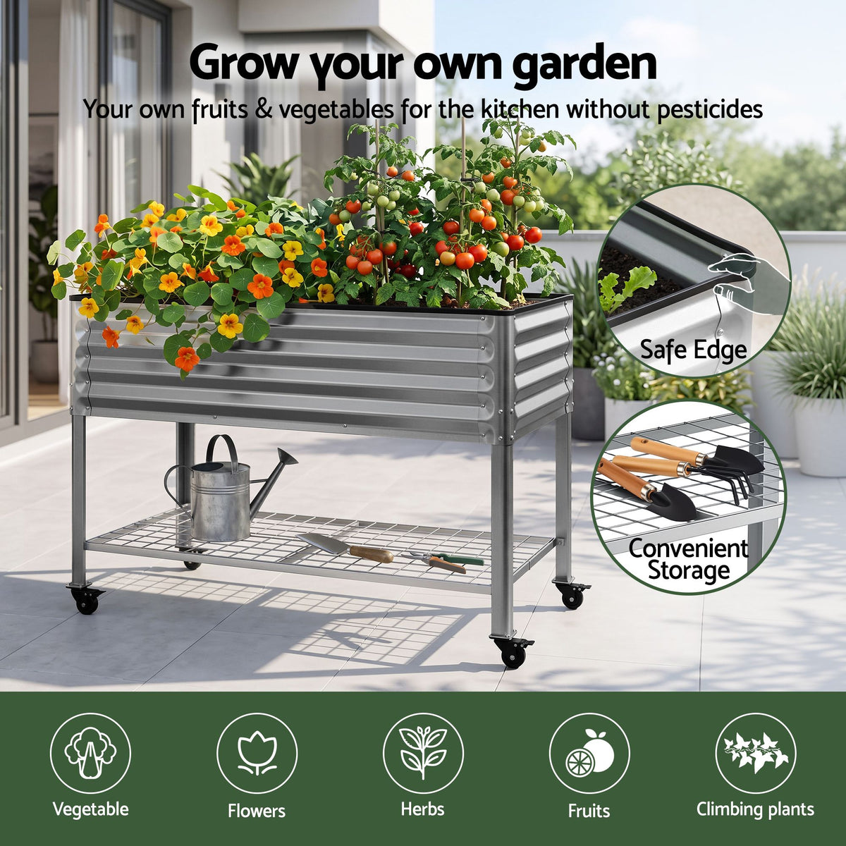 Green Fingers Mobile Raised Garden Bed with Wheels Storage Shelf 81cm Height for Vegetables Herb Silver