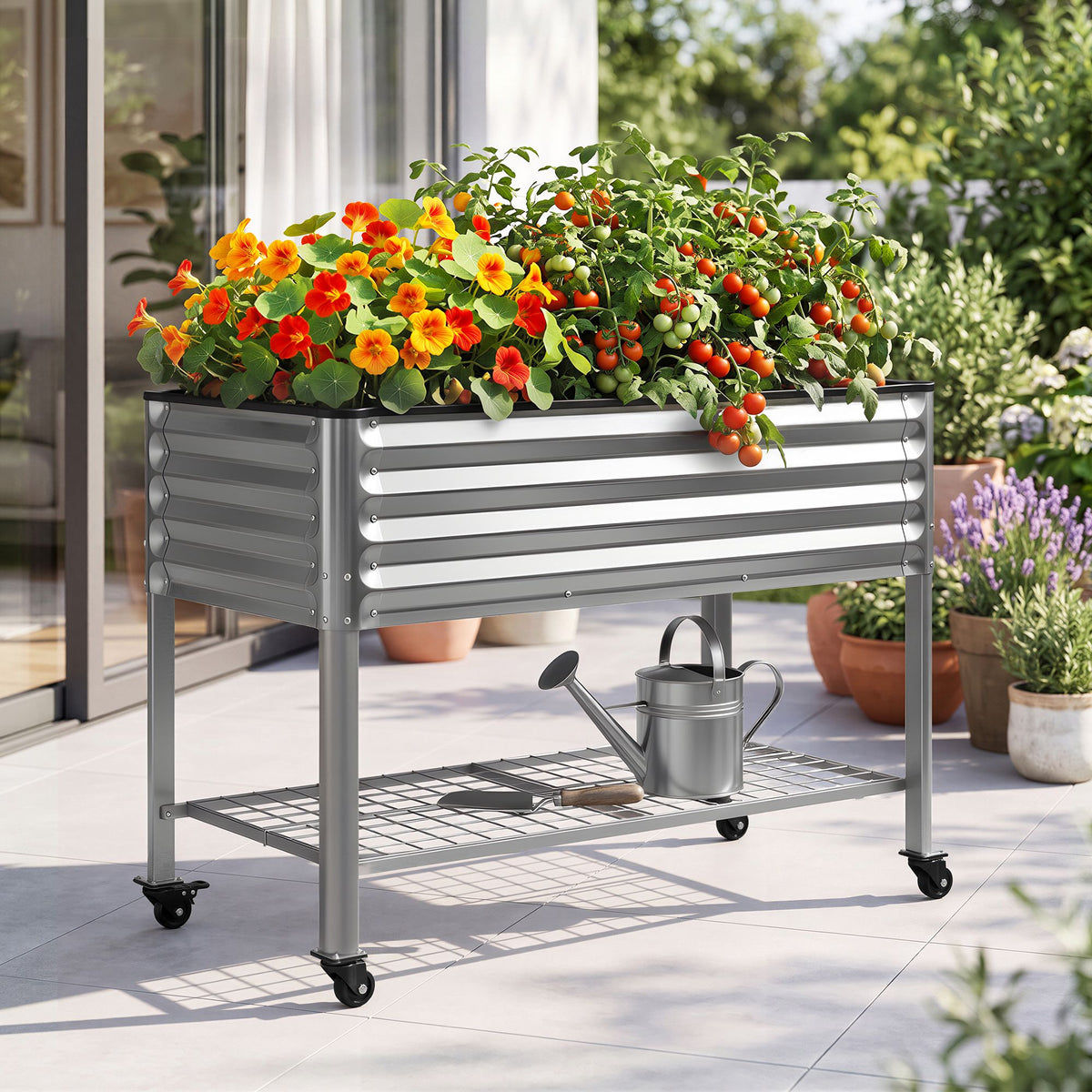 Green Fingers Mobile Raised Garden Bed with Wheels Storage Shelf 81cm Height for Vegetables Herb Silver
