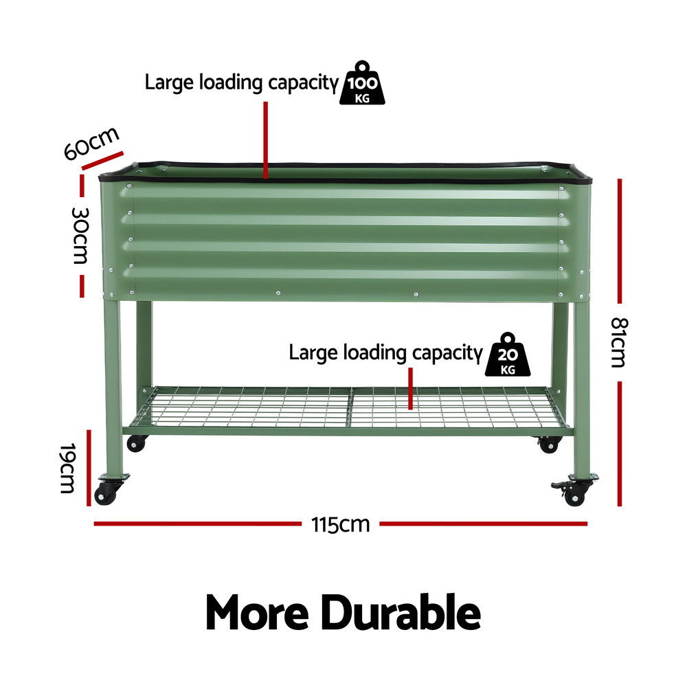 Garden Beds & Planters: Green Fingers Elevated Raised Garden Bed Kit Mobile w/ Locking Wheels & Storage Shelf 100KG Max Load 115x60x81cm | Galvanized Steel, Portable Green Organizer for Seniors, Patio, Balcony, Vegetables