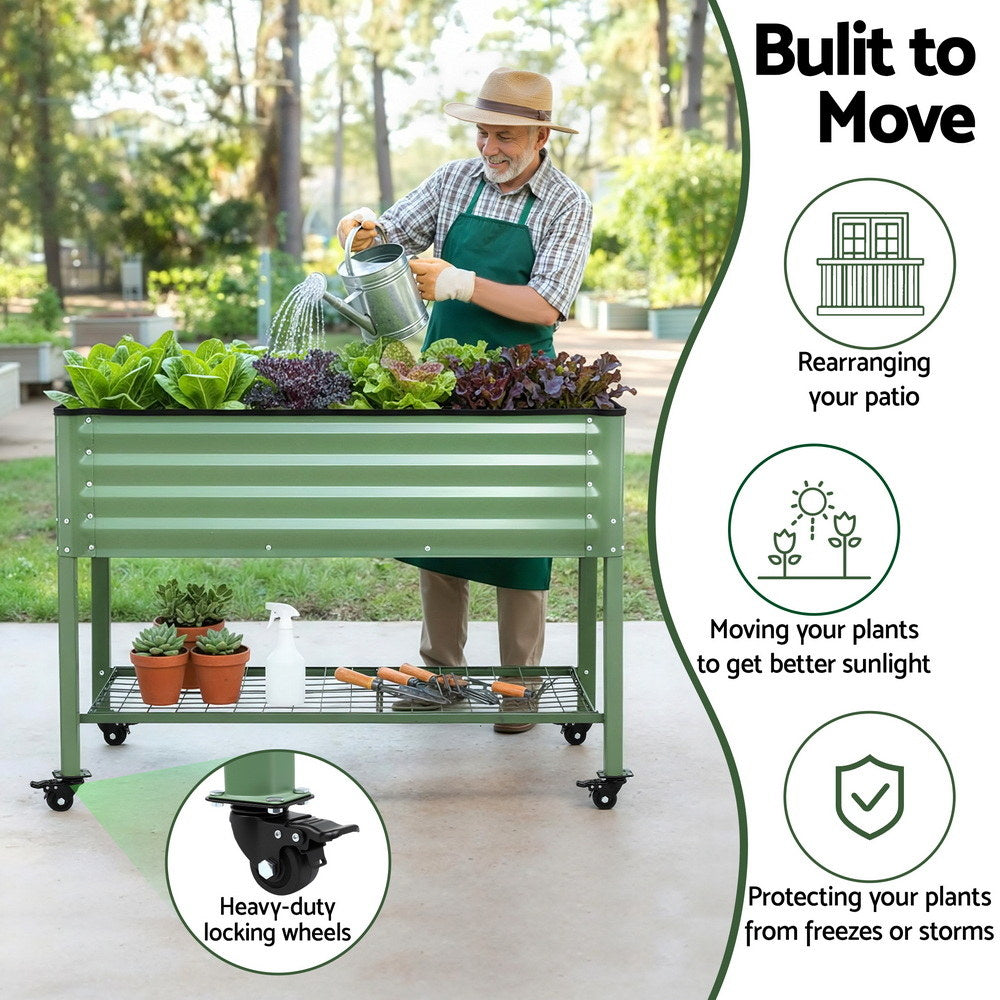 Garden Beds & Planters: Green Fingers Elevated Raised Garden Bed Kit Mobile w/ Locking Wheels & Storage Shelf 100KG Max Load 115x60x81cm | Galvanized Steel, Portable Green Organizer for Seniors, Patio, Balcony, Vegetables