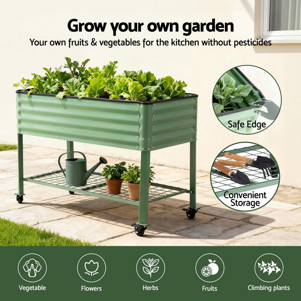 Garden Beds & Planters: Green Fingers Elevated Raised Garden Bed Kit Mobile w/ Locking Wheels & Storage Shelf 100KG Max Load 115x60x81cm | Galvanized Steel, Portable Green Organizer for Seniors, Patio, Balcony, Vegetables