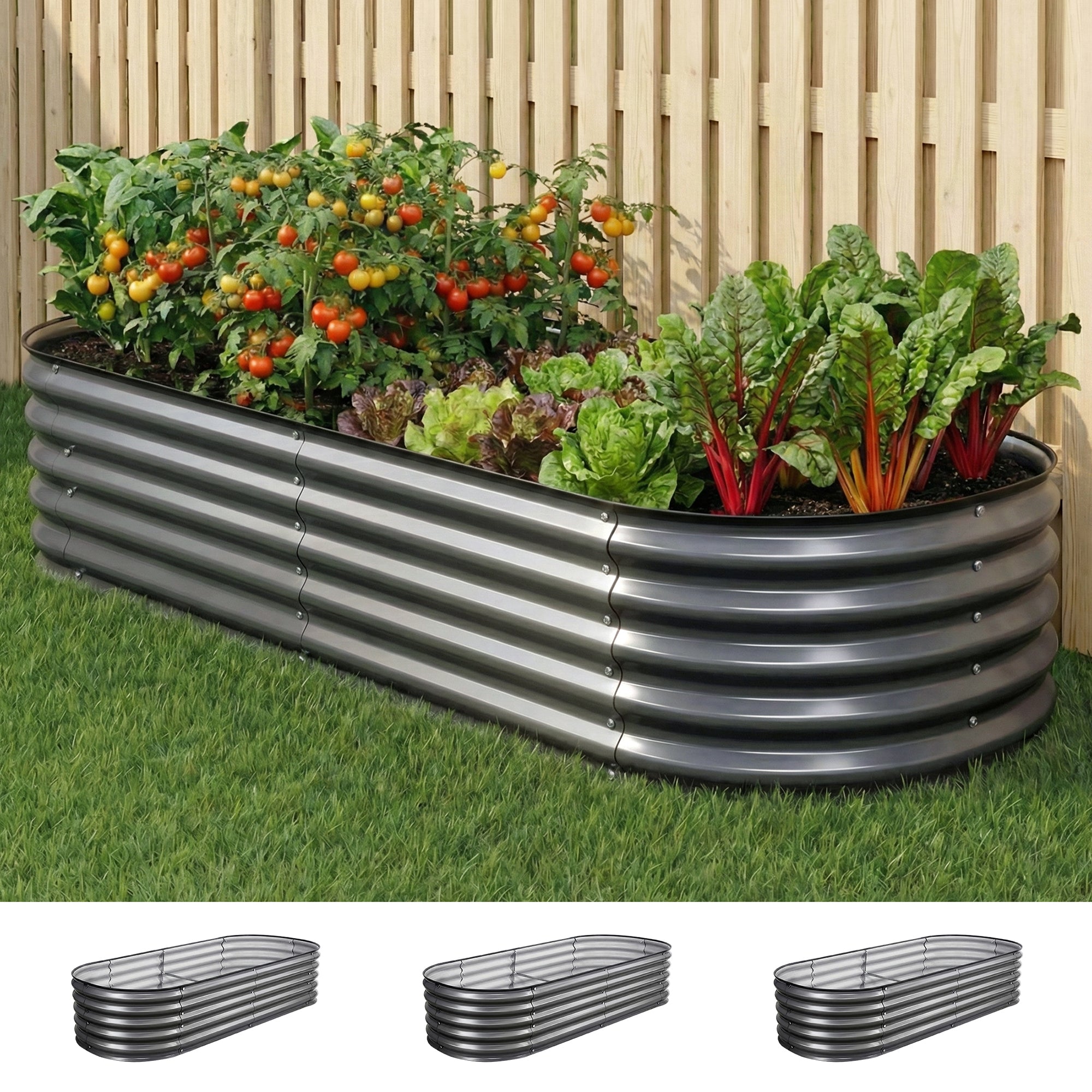 Garden Beds & Planters: Green Fingers 3 Pcs Raised Garden Bed Kit Oval Galvanized Steel Planter Boxes 160x80x42cm, Heavy Duty Metal Elevated Garden Bed for Vegetables Flowers Herbs, with Safety Edging, Gloves & Pegs Included