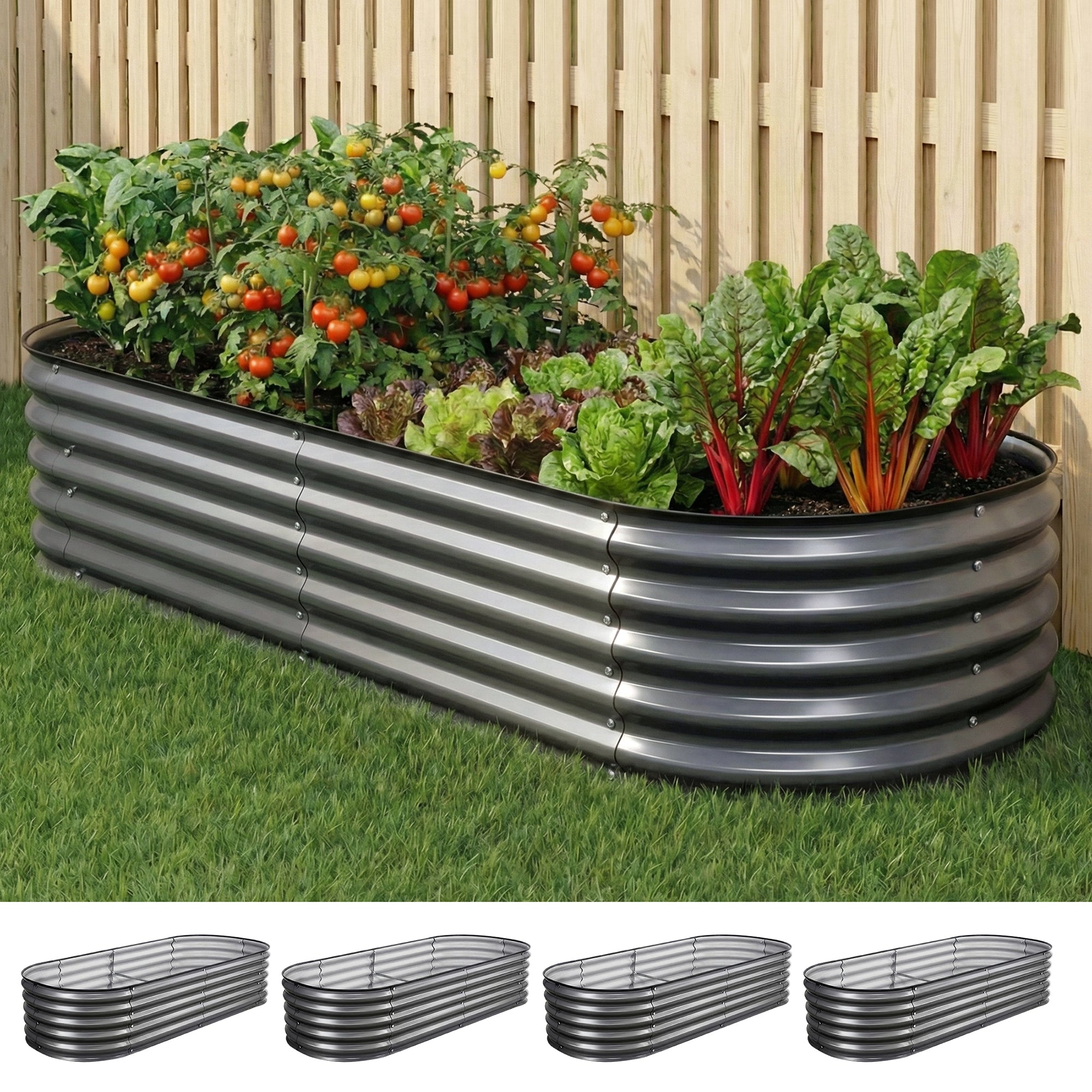 Garden Beds & Planters: Green Fingers 4 Pcs Raised Garden Bed Kit Oval Galvanized Steel Planter Boxes 160x80x42cm, Heavy Duty Metal Elevated Garden Bed for Vegetables Flowers Herbs, with Safety Edging, Gloves & Pegs Included