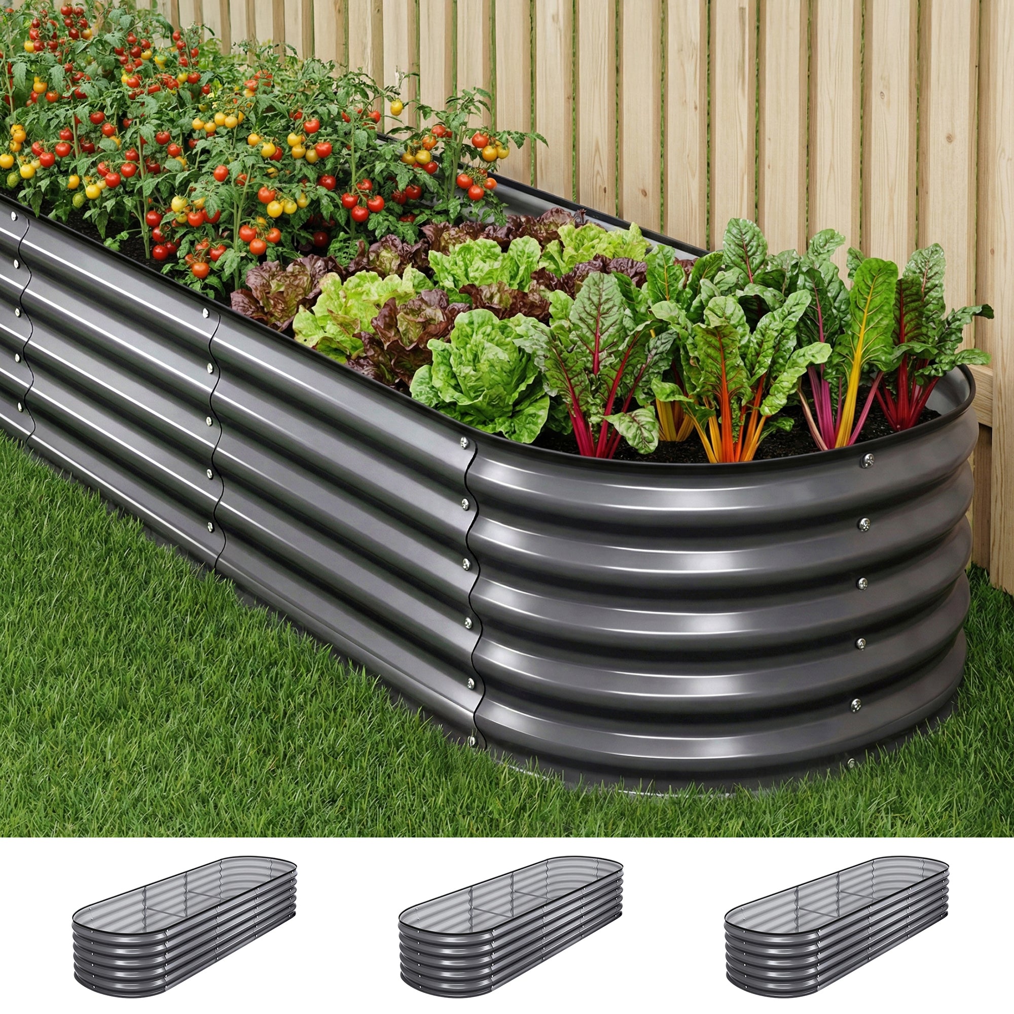 Garden Beds & Planters: Green Fingers 3 Pcs Raised Garden Bed Kit Oval Galvanized Steel Planter Boxes 240x80x42cm, Heavy Duty Metal Elevated Garden Bed for Vegetables Flowers Herbs, with Safety Edging, Gloves & Pegs Included