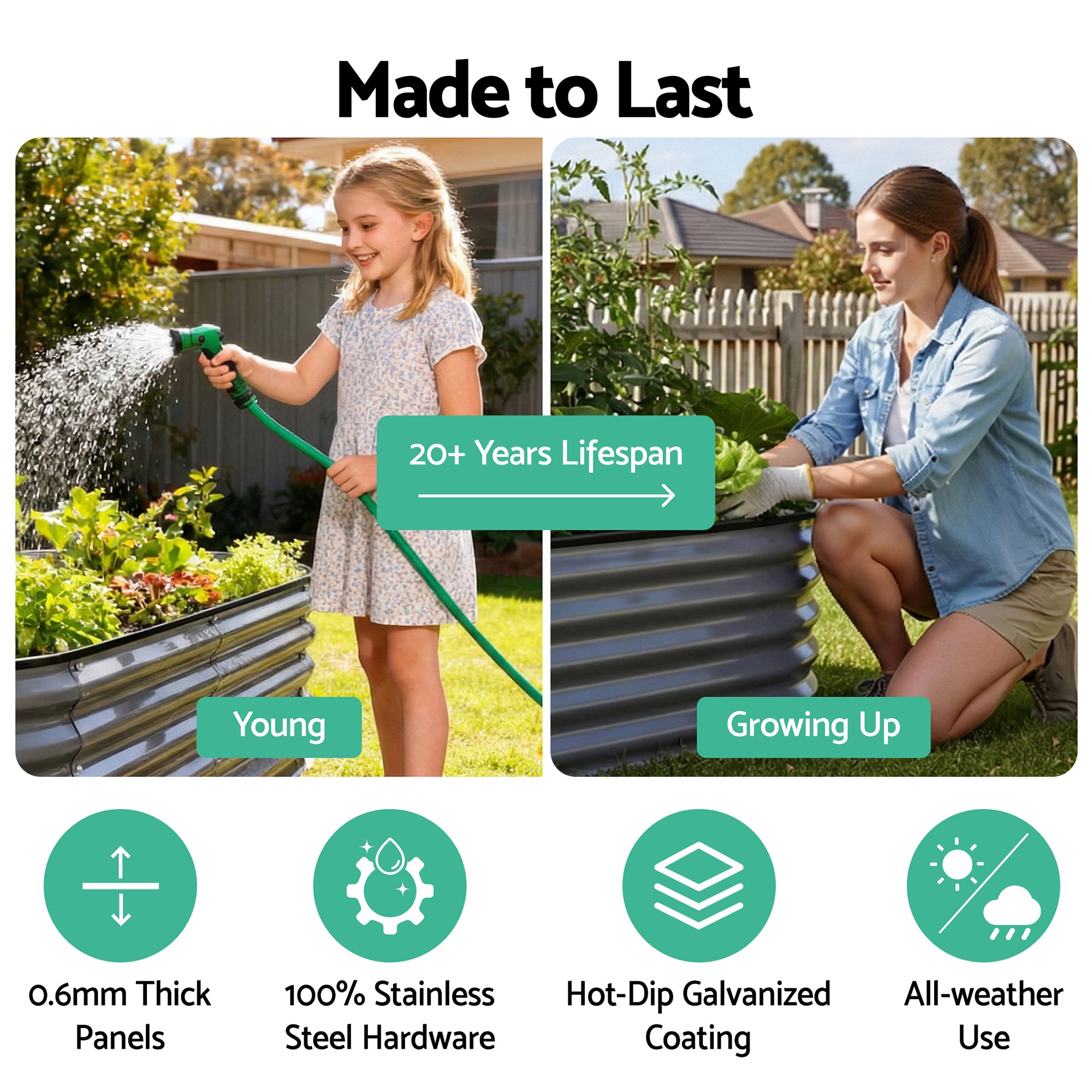 Garden Beds & Planters: Green Fingers 4 Pcs Raised Garden Bed Kit Oval Galvanized Steel Planter Boxes 240x80x42cm, Heavy Duty Metal Elevated Garden Bed for Vegetables Flowers Herbs, with Safety Edging, Gloves & Pegs Included