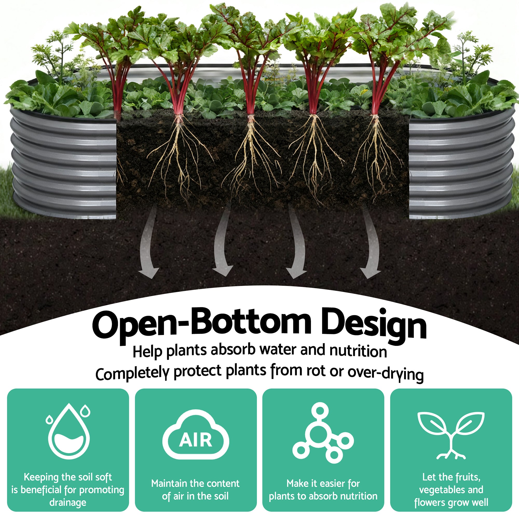 Garden Beds & Planters: Green Fingers 3 Pcs Raised Garden Bed Kit Oval Galvanized Steel Planter Boxes 240x80x56cm, Heavy Duty Metal Elevated Garden Bed for Vegetables Flowers Herbs, with Safety Edging, Gloves & Pegs Included