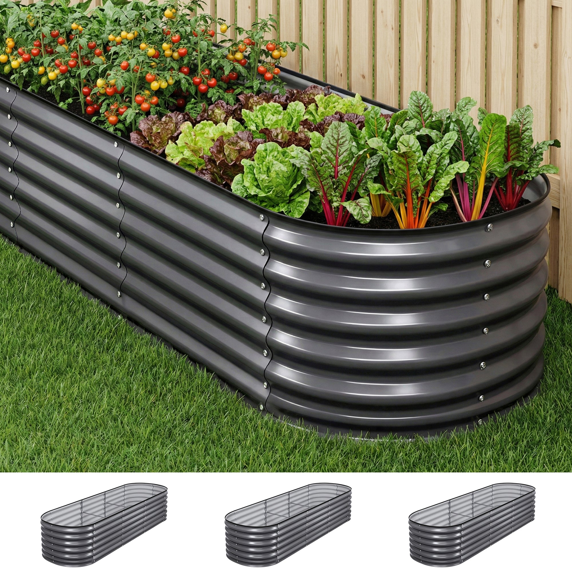 Garden Beds & Planters: Green Fingers 3 Pcs Raised Garden Bed Kit Oval Galvanized Steel Planter Boxes 240x80x56cm, Heavy Duty Metal Elevated Garden Bed for Vegetables Flowers Herbs, with Safety Edging, Gloves & Pegs Included