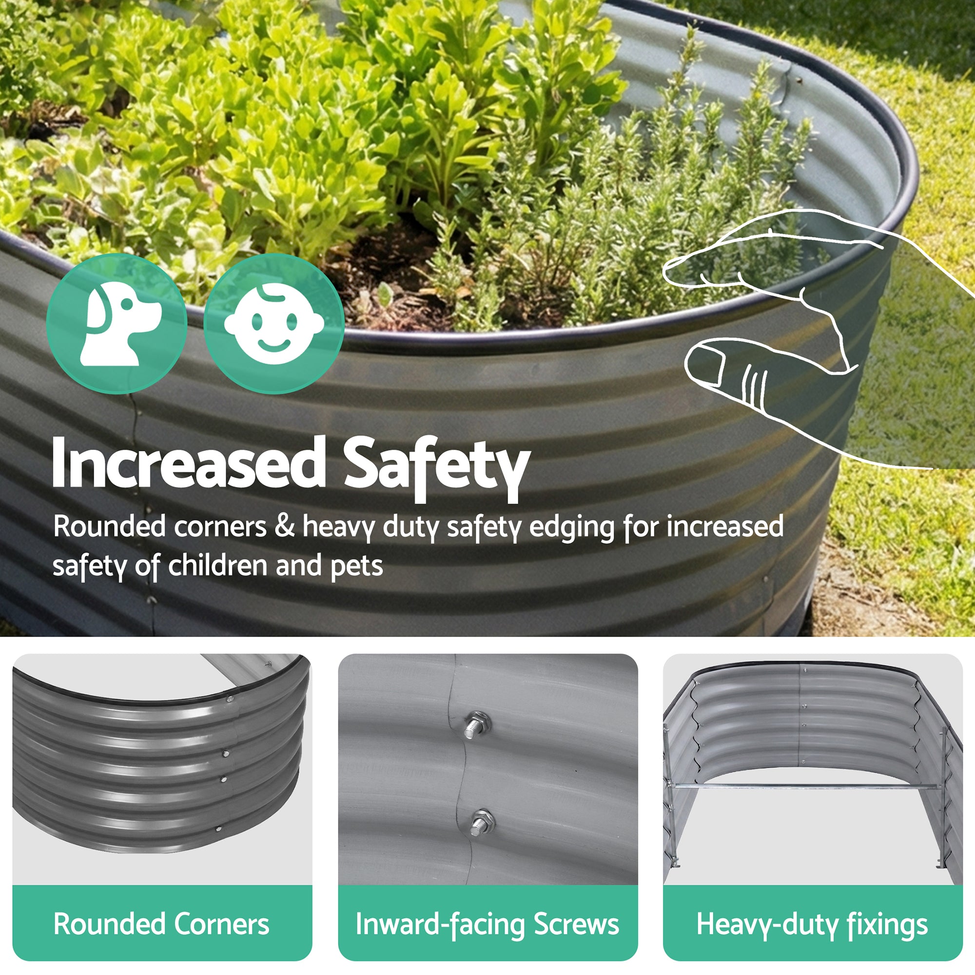 Garden Beds & Planters: Green Fingers 4 Pcs Raised Garden Bed Kit Oval Galvanized Steel Planter Boxes 240x80x56cm, Heavy Duty Metal Elevated Garden Bed for Vegetables Flowers Herbs, with Safety Edging, Gloves & Pegs Included