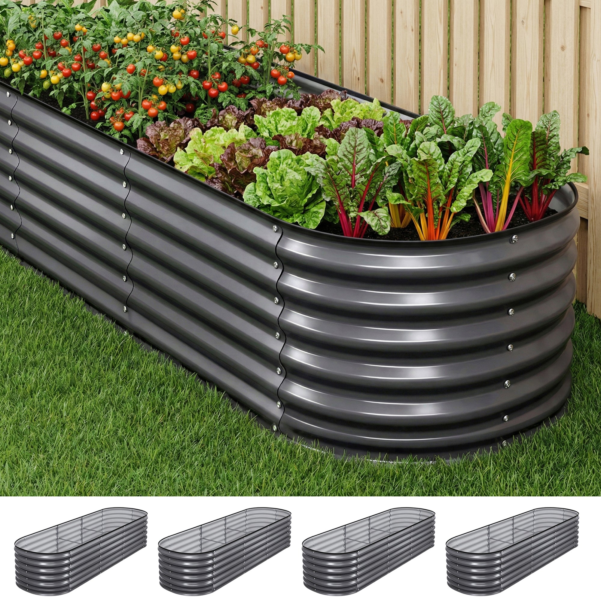 Garden Beds & Planters: Green Fingers 4 Pcs Raised Garden Bed Kit Oval Galvanized Steel Planter Boxes 240x80x56cm, Heavy Duty Metal Elevated Garden Bed for Vegetables Flowers Herbs, with Safety Edging, Gloves & Pegs Included