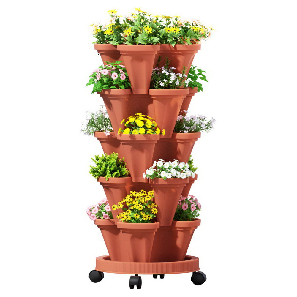 Garden Beds & Planters: Green Fingers Raised Garden Bed 5 Tier Vertical Garden Brick Red Strawberry Stackable Planters Herbs Petunias