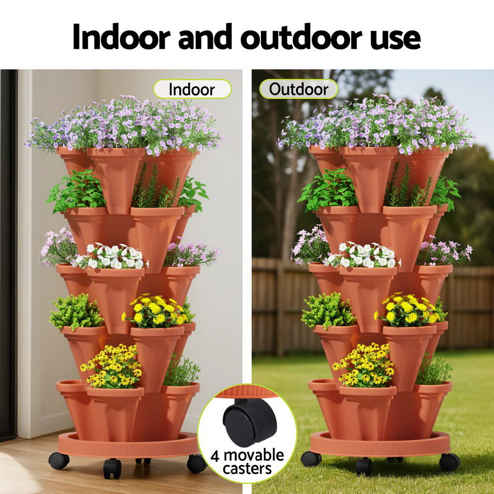 Garden Beds & Planters: Green Fingers Raised Garden Bed 5 Tier Vertical Garden Brick Red Strawberry Stackable Planters Herbs Petunias
