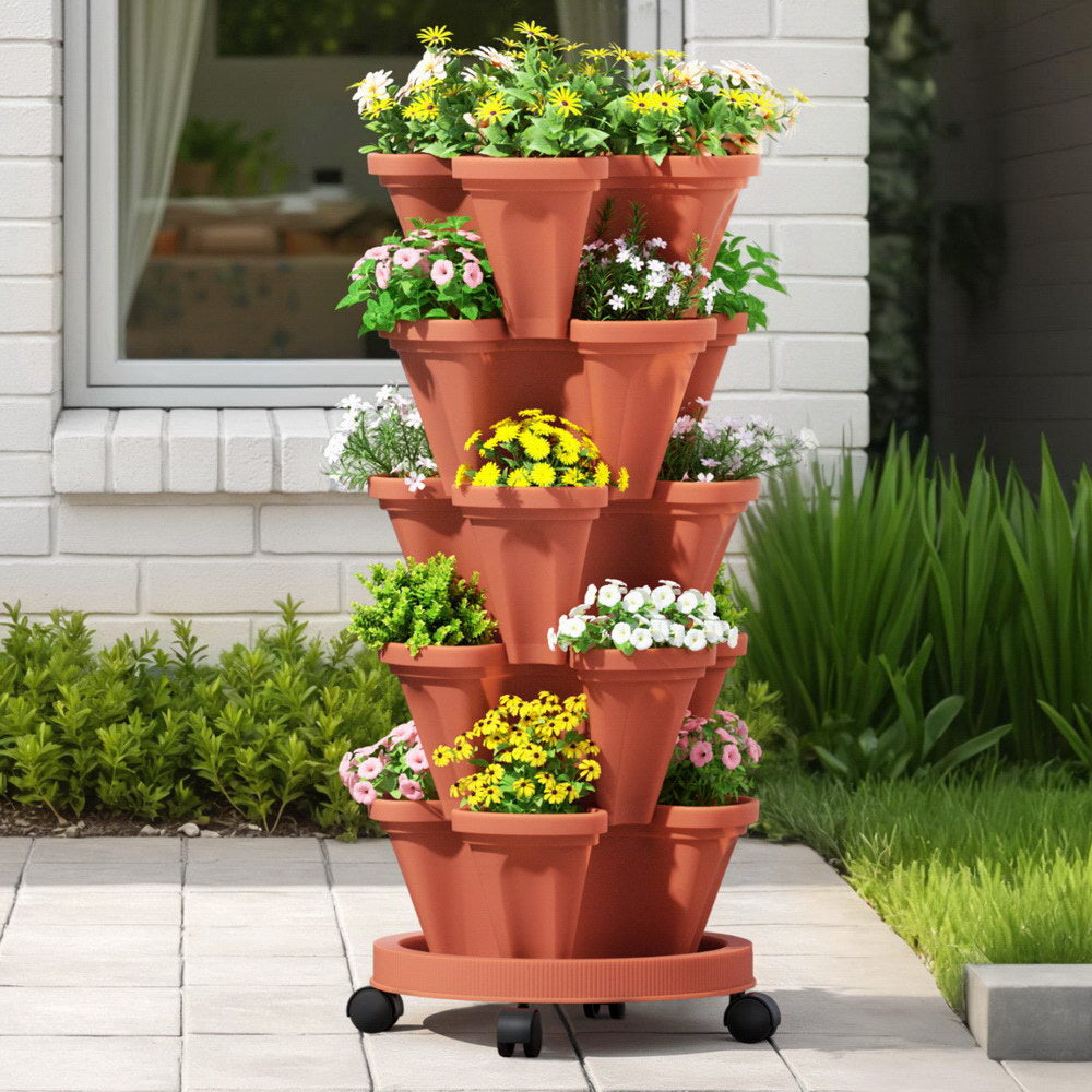 Garden Beds & Planters: Green Fingers Raised Garden Bed 5 Tier Vertical Garden Brick Red Strawberry Stackable Planters Herbs Petunias