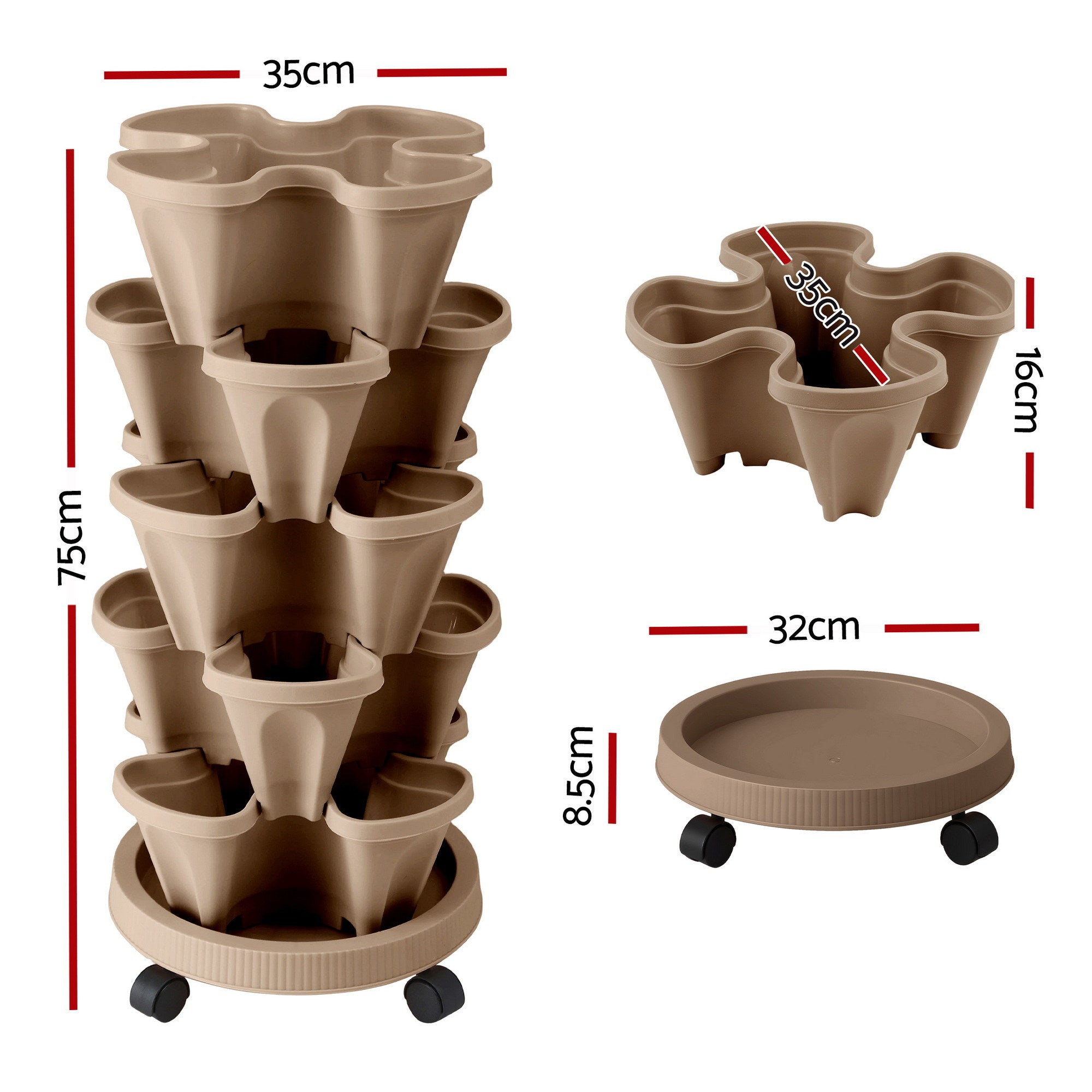 Garden Beds & Planters: Green Fingers Garden Bed 5 Tier Vertical Garden Grey Strawberry Stackable Planters Herb Petunias Tan