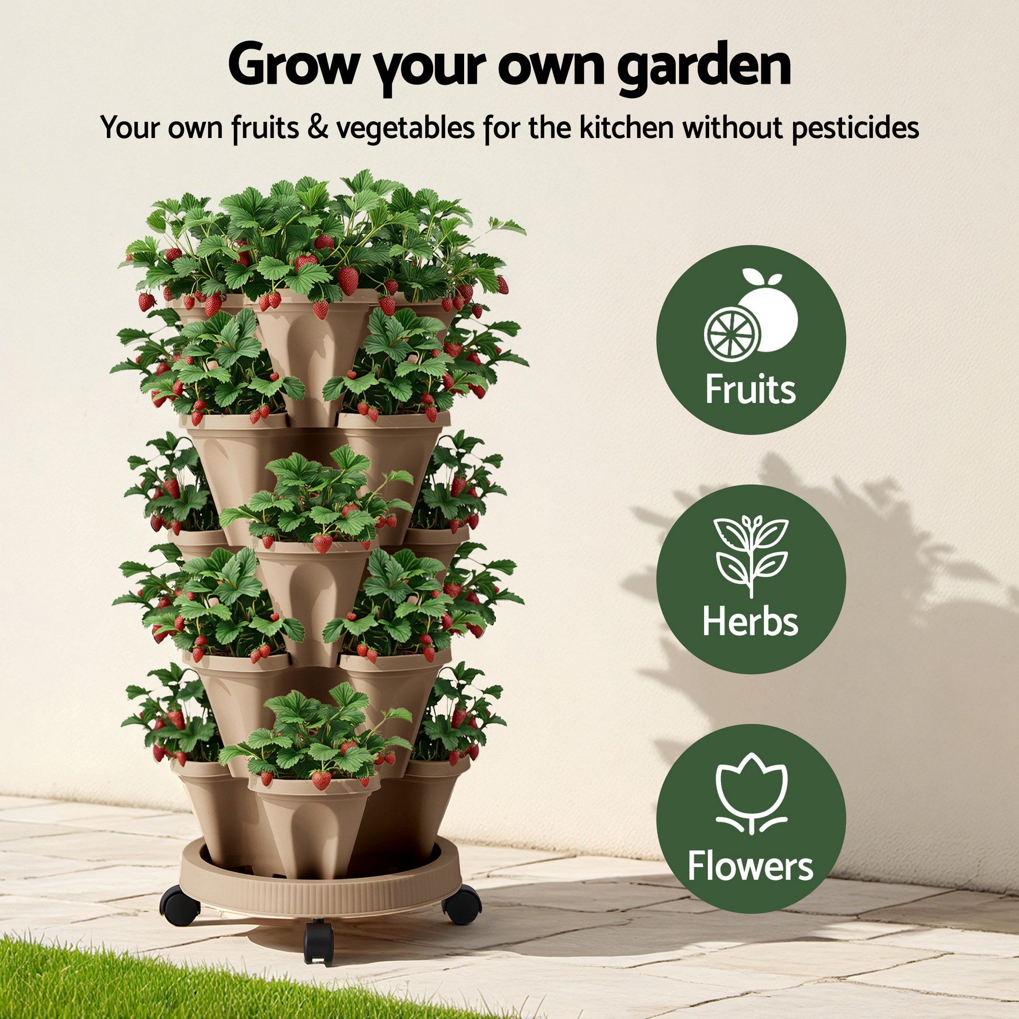Garden Beds & Planters: Green Fingers Garden Bed 5 Tier Vertical Garden Grey Strawberry Stackable Planters Herb Petunias Tan