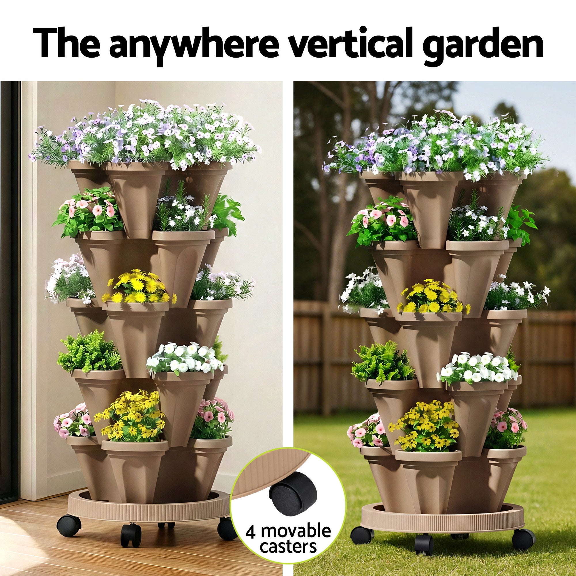 Garden Beds & Planters: Green Fingers Garden Bed 5 Tier Vertical Garden Grey Strawberry Stackable Planters Herb Petunias Tan