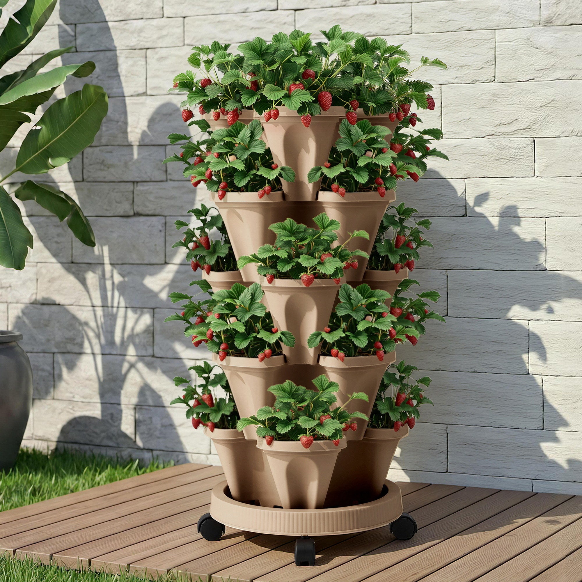 Garden Beds & Planters: Green Fingers Garden Bed 5 Tier Vertical Garden Grey Strawberry Stackable Planters Herb Petunias Tan